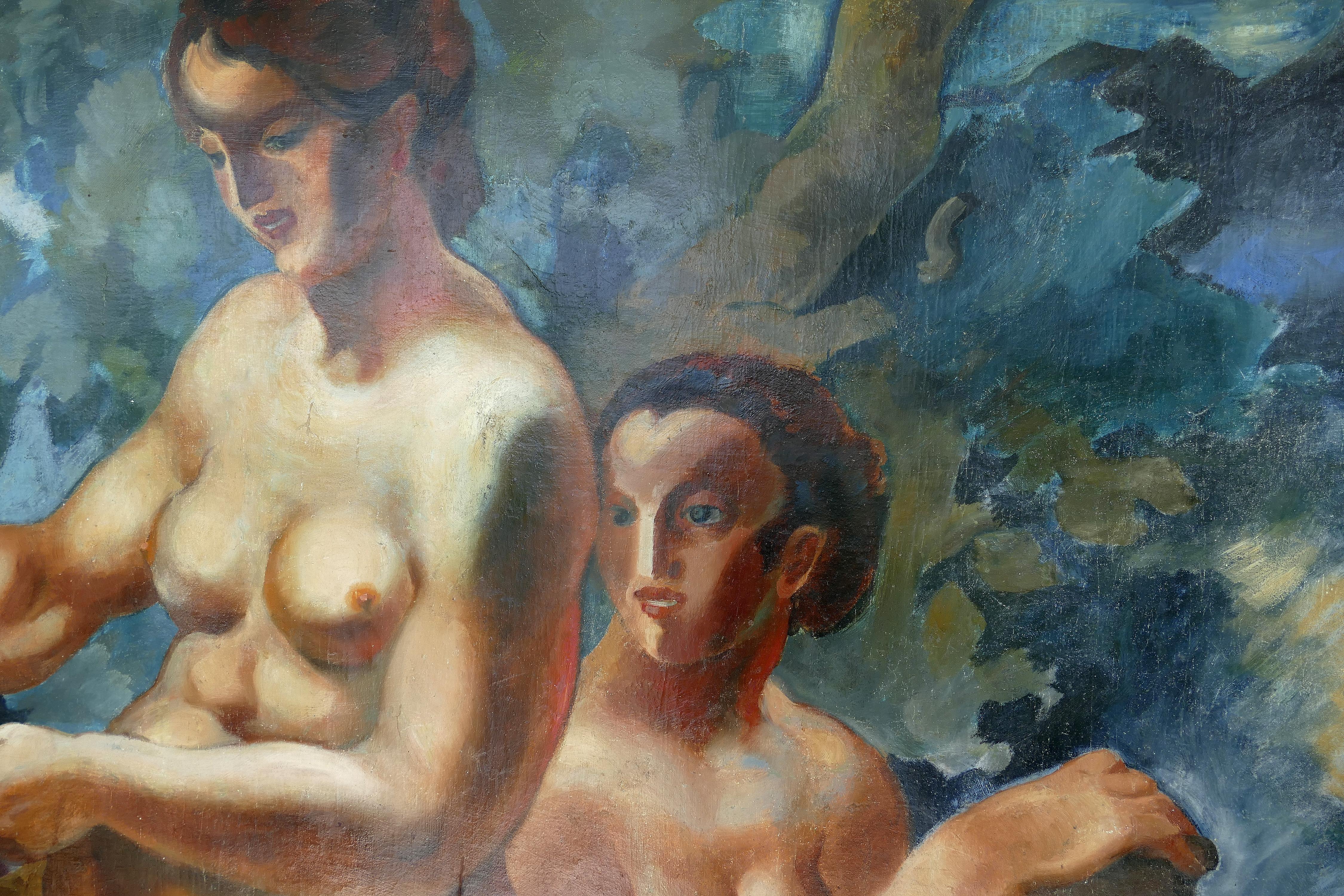 Français Peinture à l'huile monumentale Art déco d'André Hofer sur toile, « Harvest », 1924