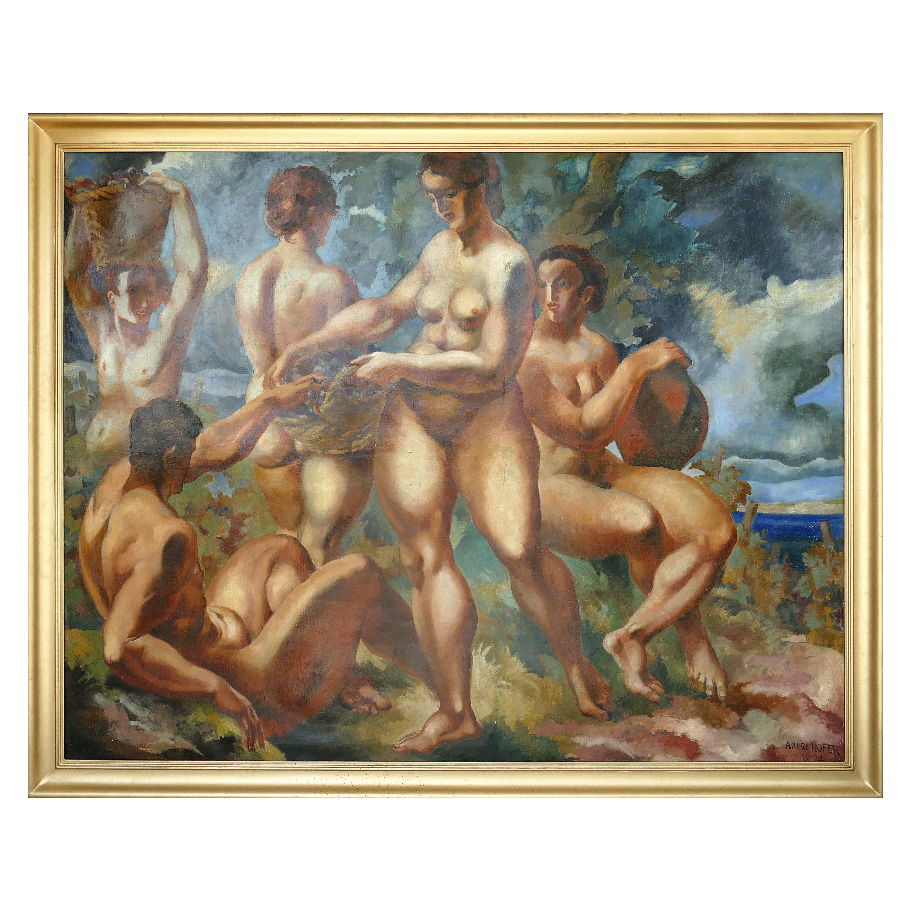 Monumental Art Deco Oil Painting by André Hofer on Canvas, "Harvest", 1924 For Sale