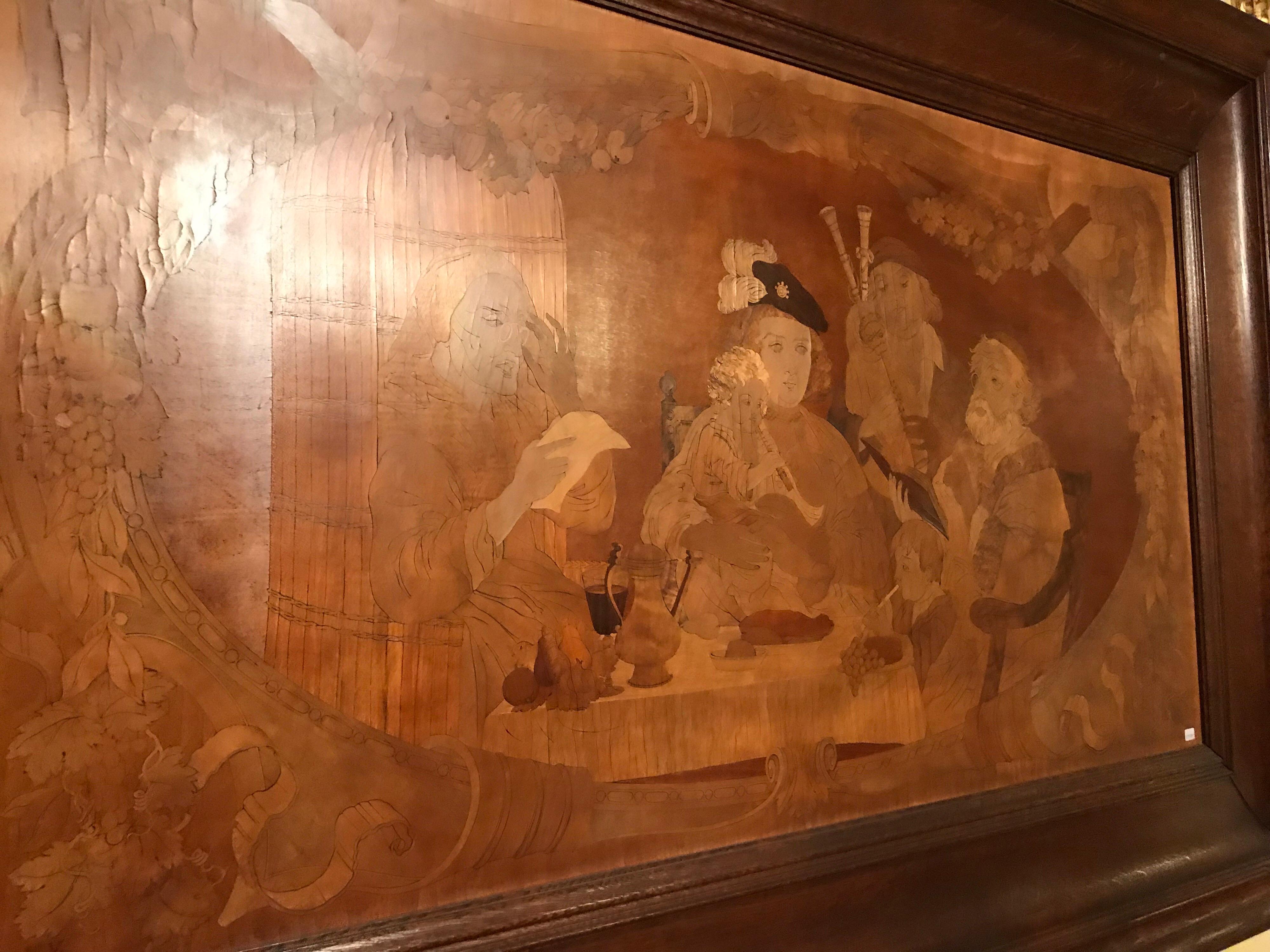 German Monumental Old Wood Inlaid Mural, Signed W. V. Naive Art For Sale