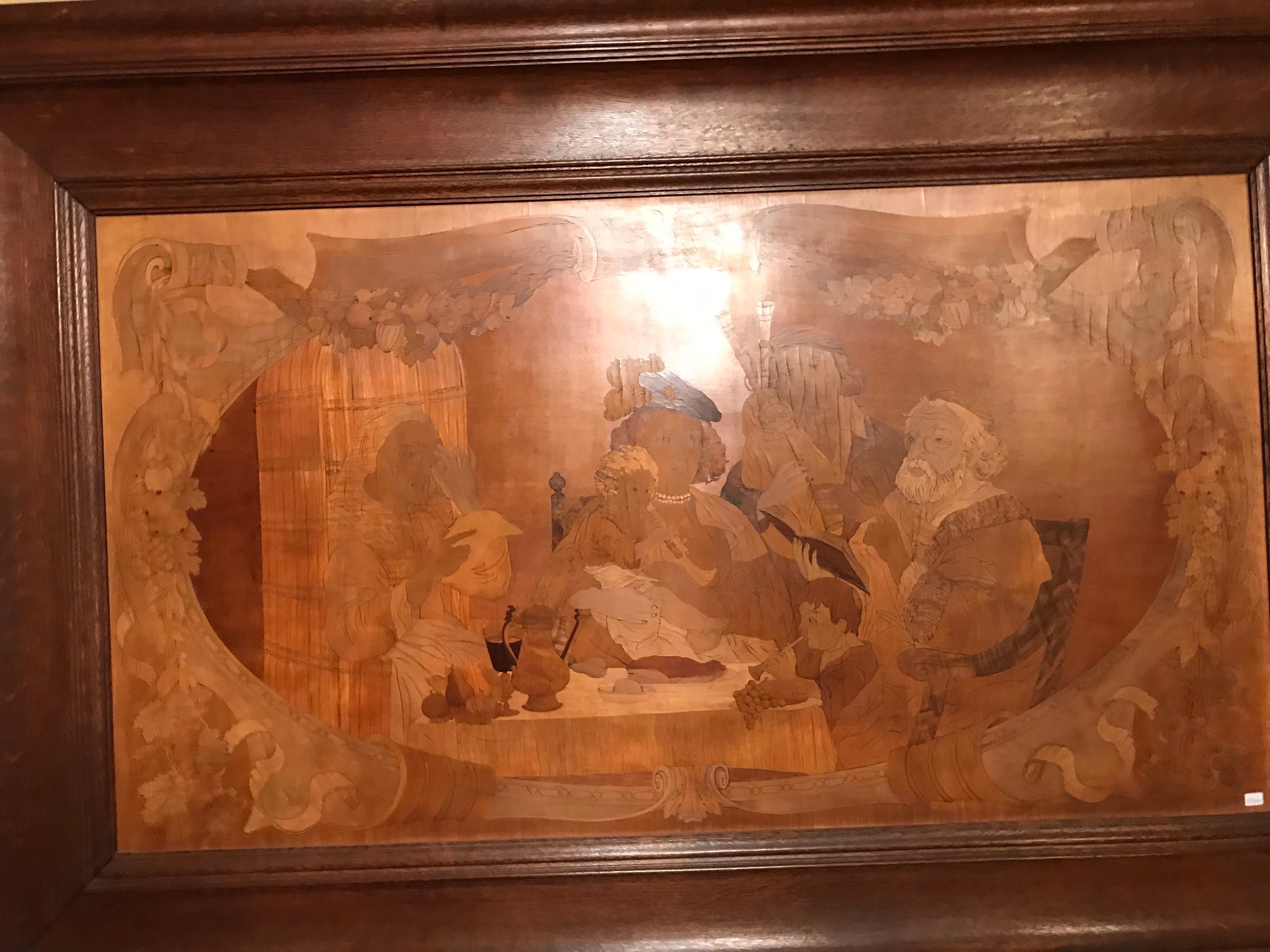 Inlay Monumental Old Wood Inlaid Mural, Signed W. V. Naive Art For Sale