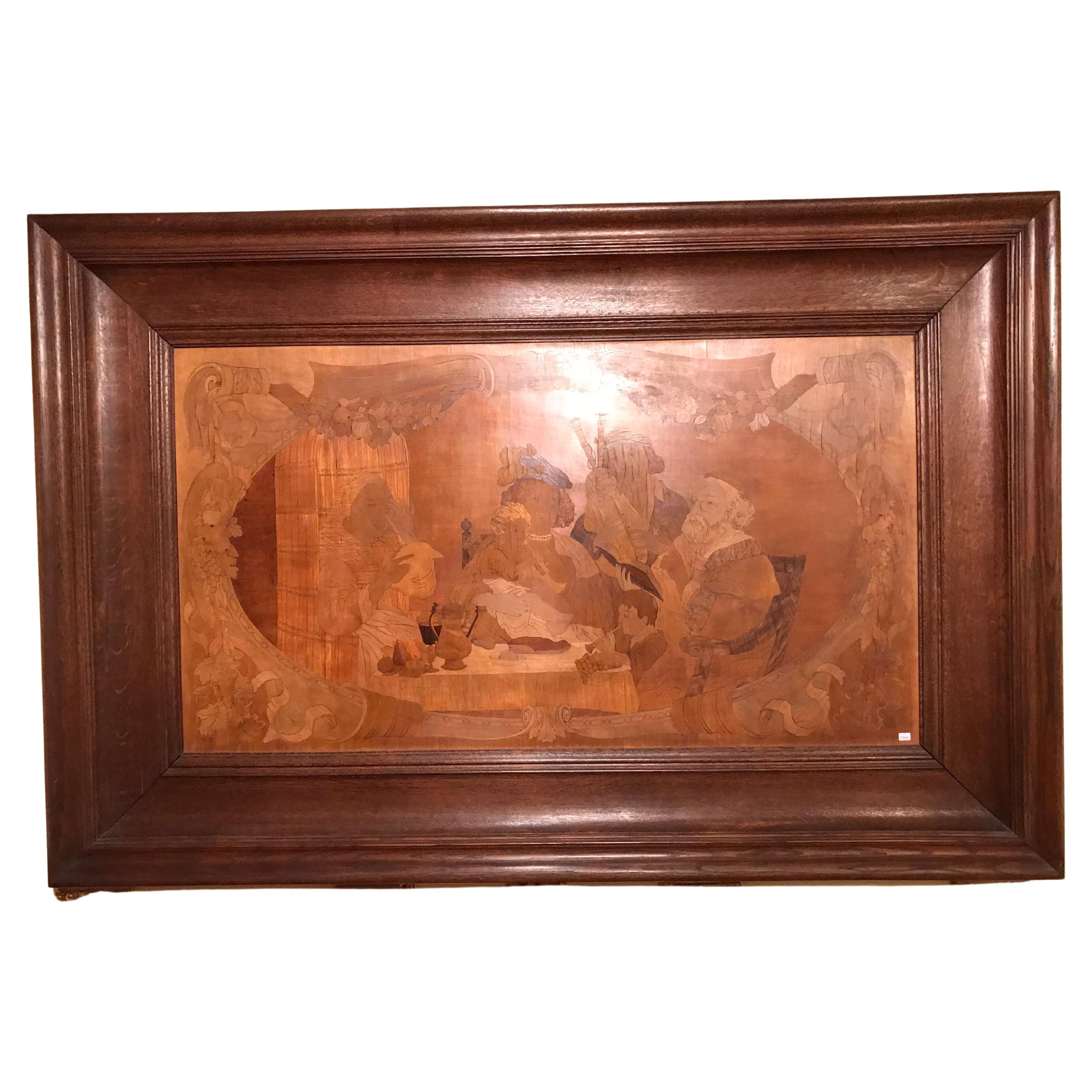 Monumental Old Wood Inlaid Mural, Signed W. V. Naive Art For Sale