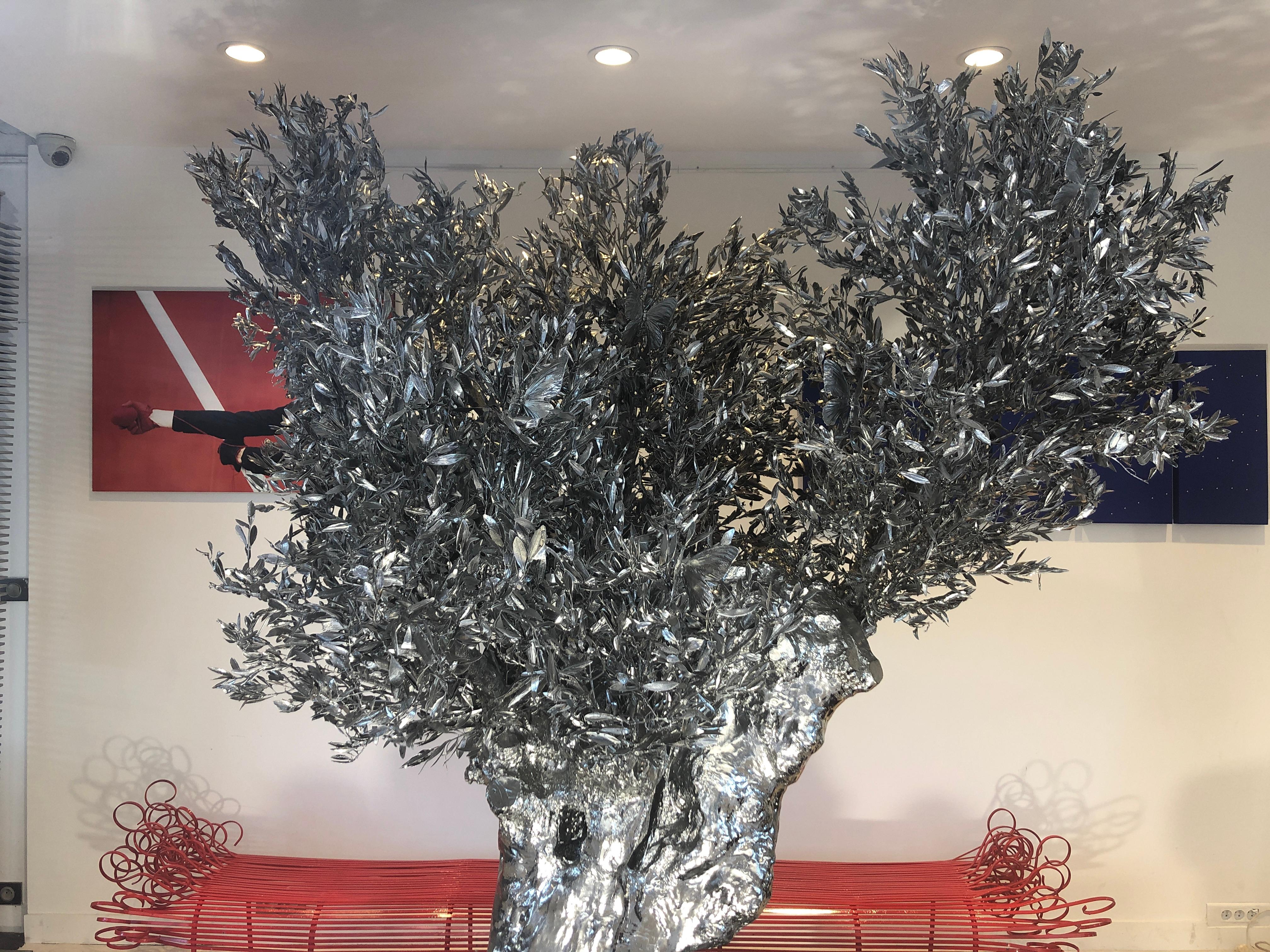 Polychromed Monumental Olive Tree, Vanity-Skulls, Butterflies by Philippe Pasqua Sculpture