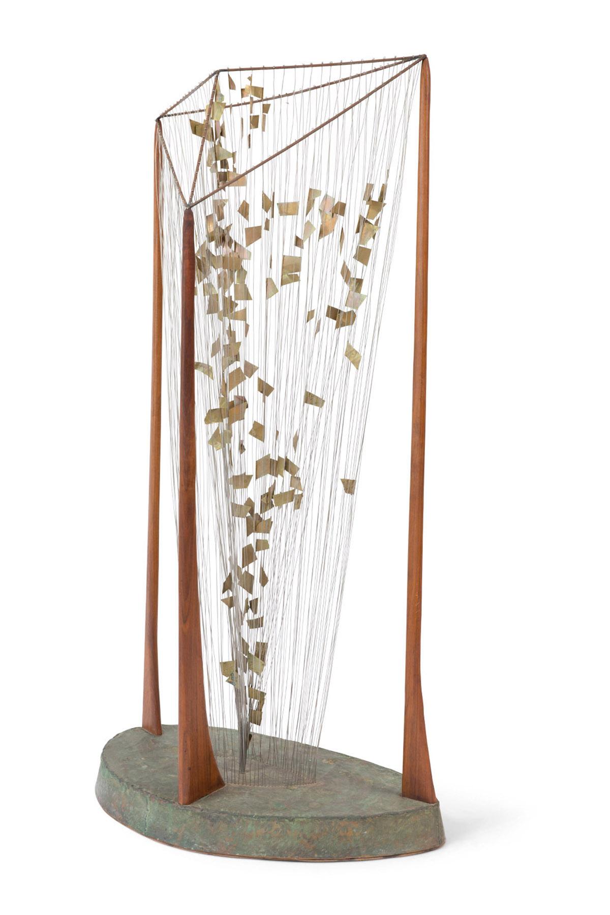 This one off, light and airy sculpture by Southwest artist and furniture-maker Allen Ditson features a green patina-rich copper base and three vertical sculptural walnut pieces that frame a center characterized by harp rays of wire with fluttering