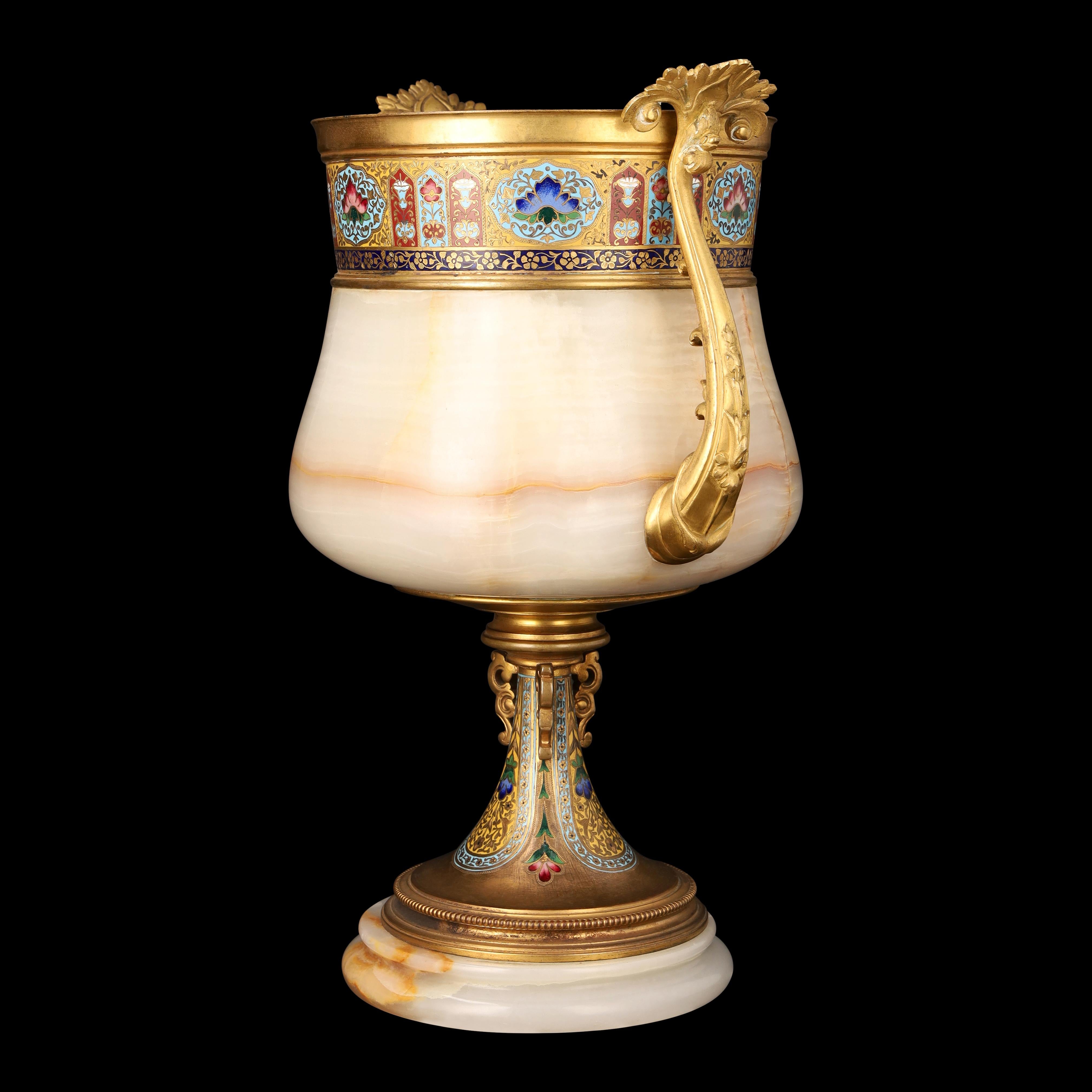 French MONUMENTAL ONYX AND GILT BRONZE CUP WITH POLYCHROME ENAMELS, Napoleon III, 1880 For Sale