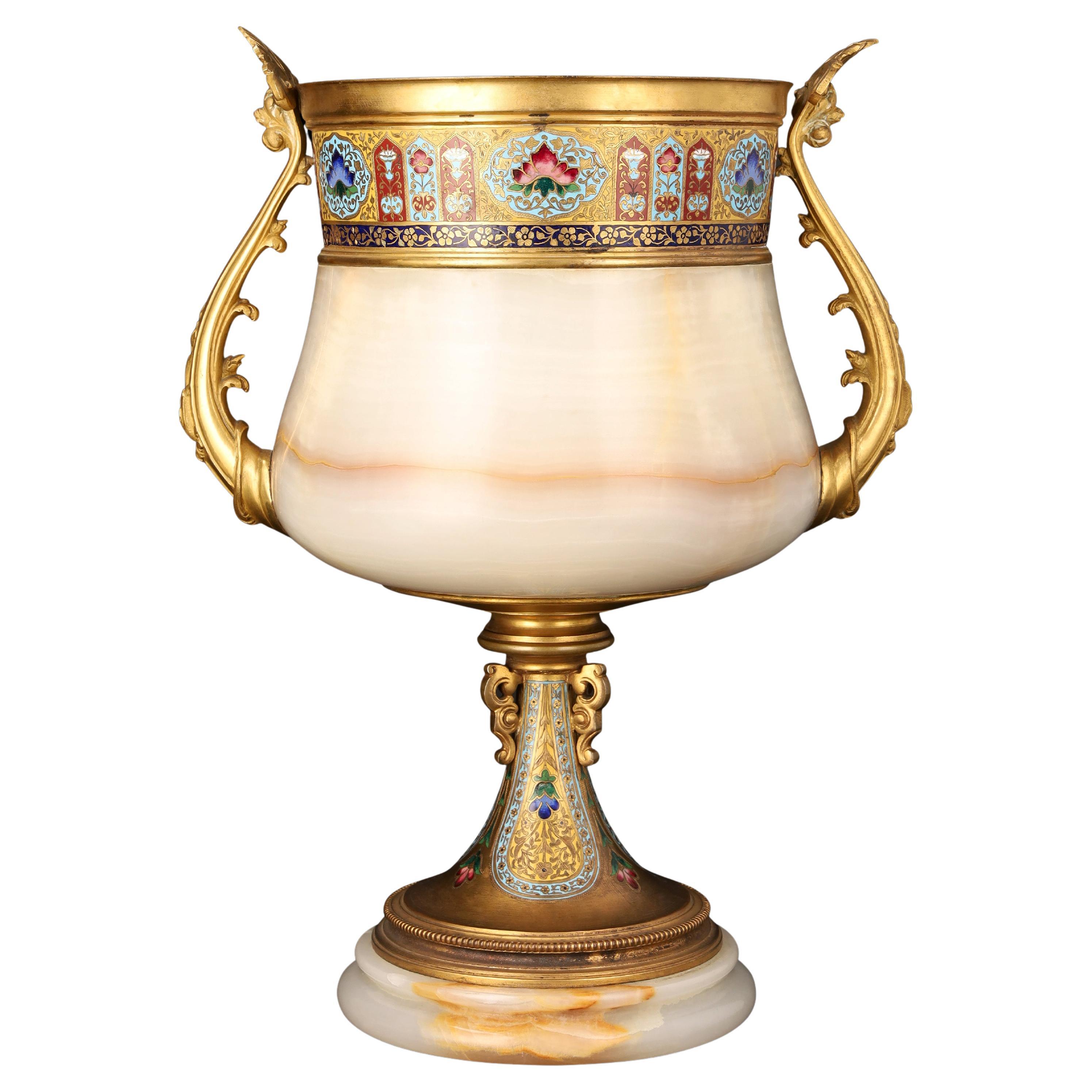 MONUMENTAL ONYX AND GILT BRONZE CUP WITH POLYCHROME ENAMELS, Napoleon III, 1880 For Sale