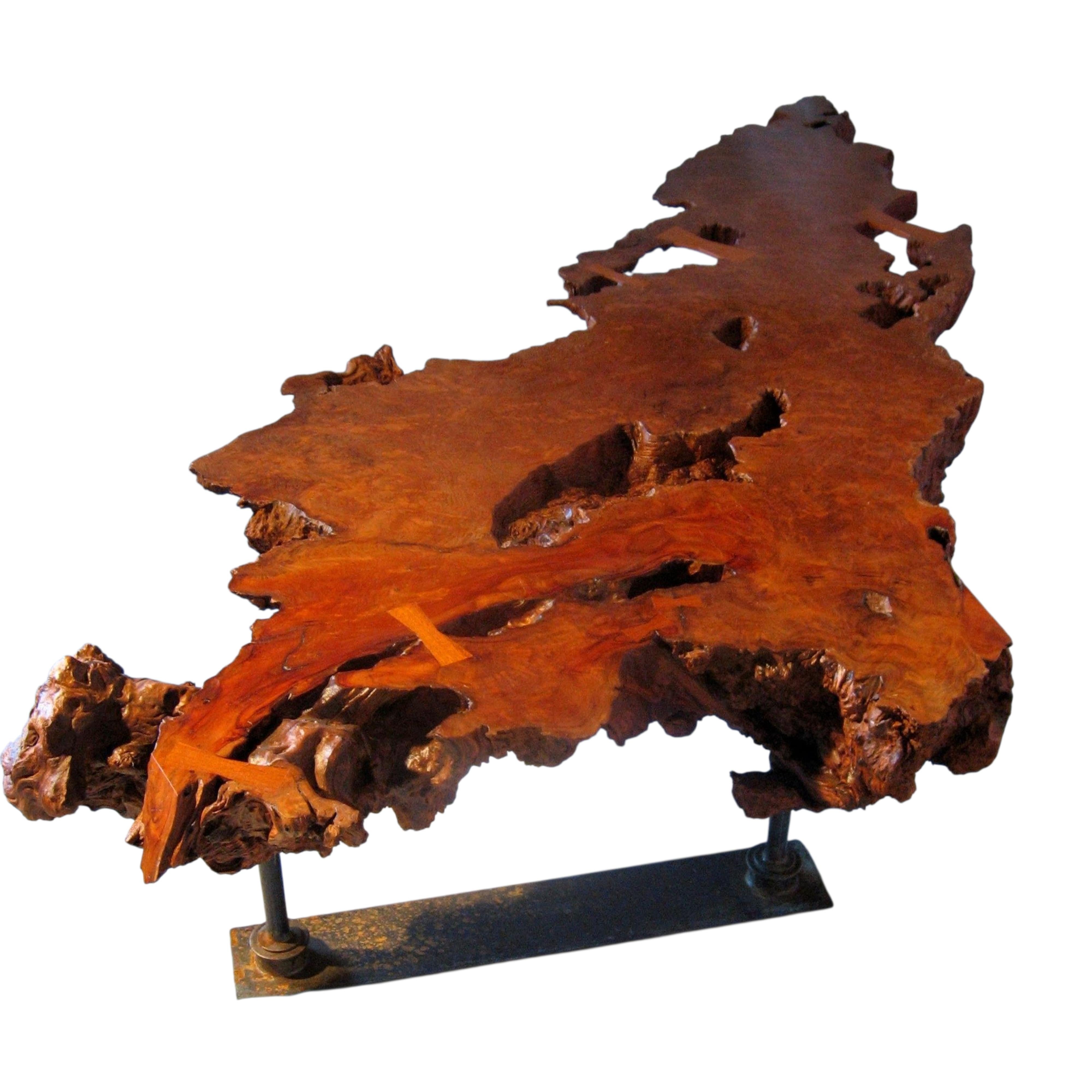 Mid-Century Modern Monumentale table à cocktail de l'Oregon en bois rouge et fer à bord vif, 1960-2007 en vente