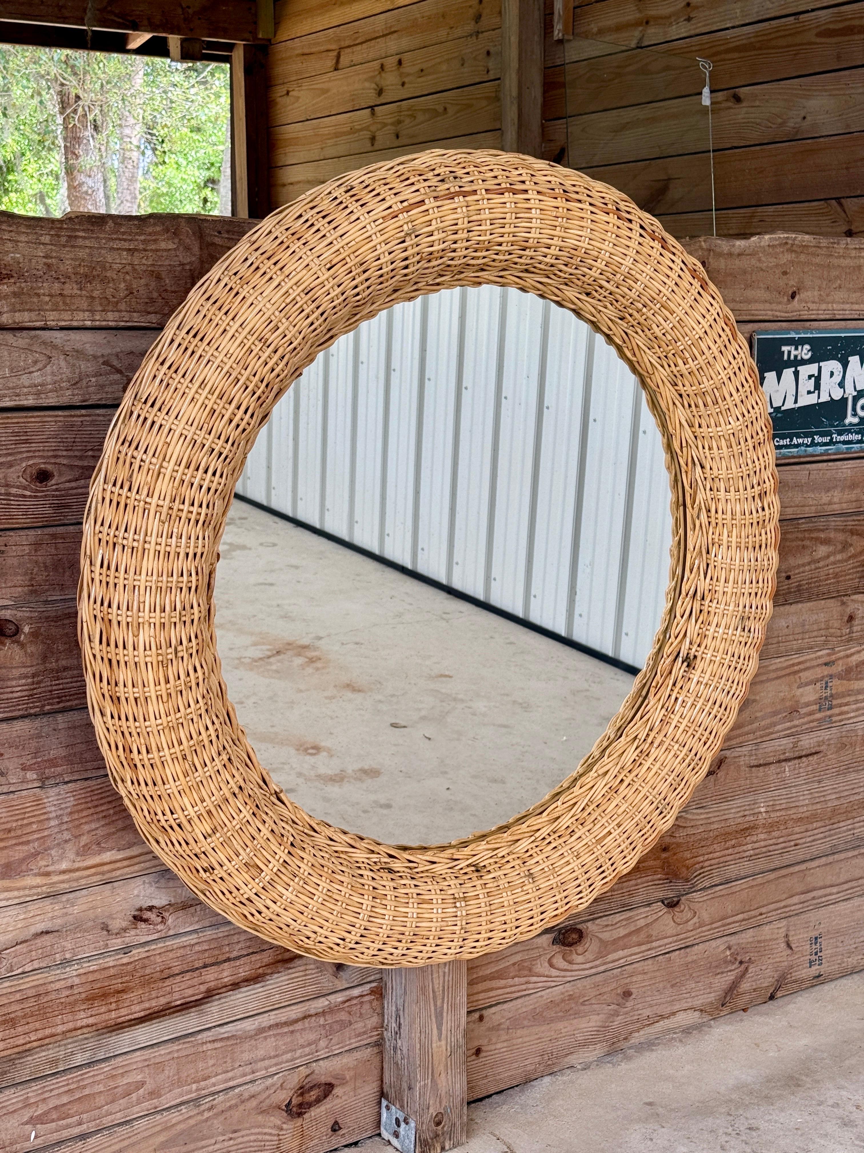 Monumental Organic Modern Coastal Large Braid Rattan Wall Mirror by Wicker Works For Sale 5
