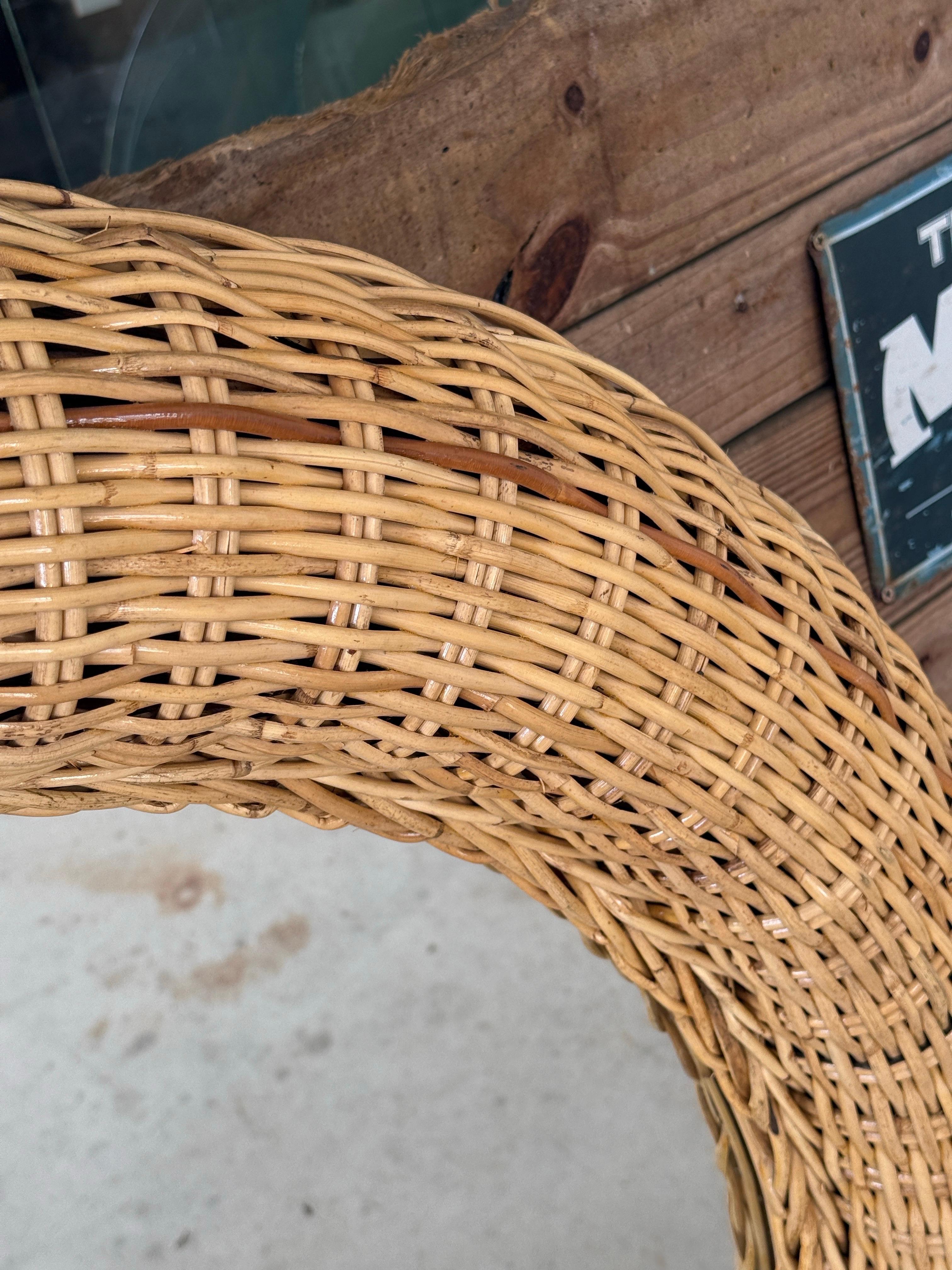 Hand-Crafted Monumental Organic Modern Coastal Large Braid Rattan Wall Mirror by Wicker Works For Sale