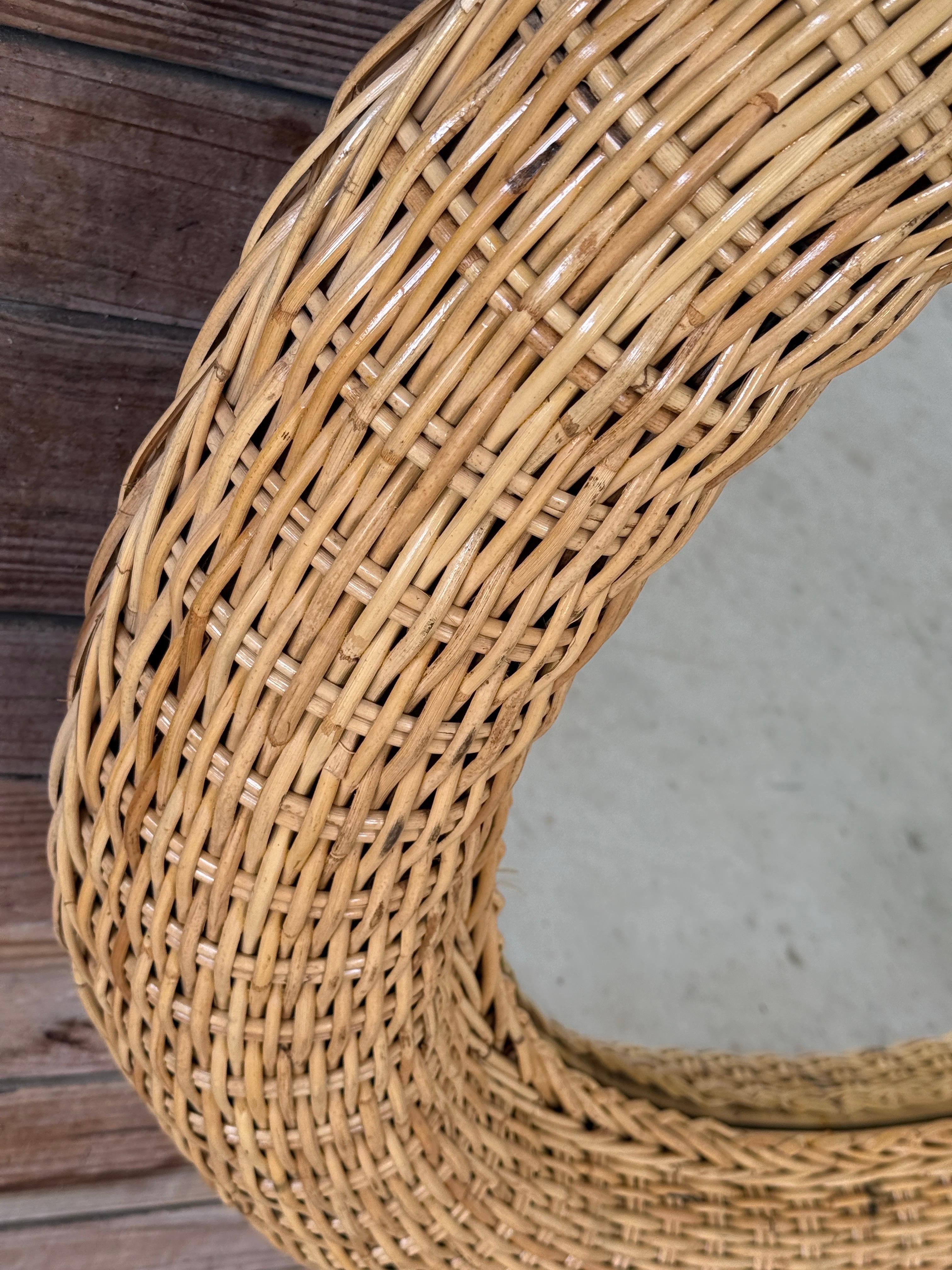 Late 20th Century Monumental Organic Modern Coastal Large Braid Rattan Wall Mirror by Wicker Works For Sale