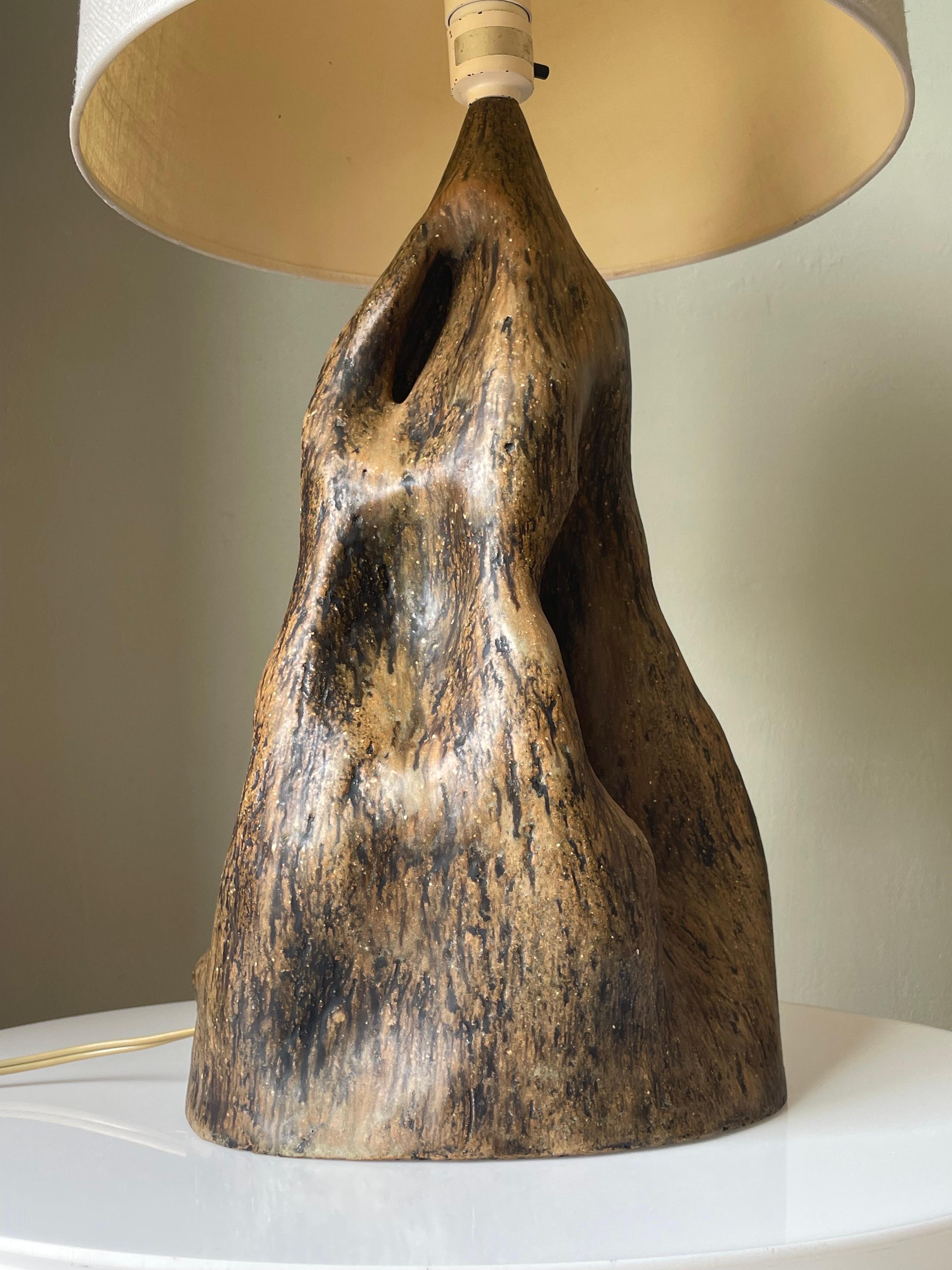 Hand-Carved Monumental Organic Modern Earthcolored Ceramic Art Lamp, 1960s For Sale
