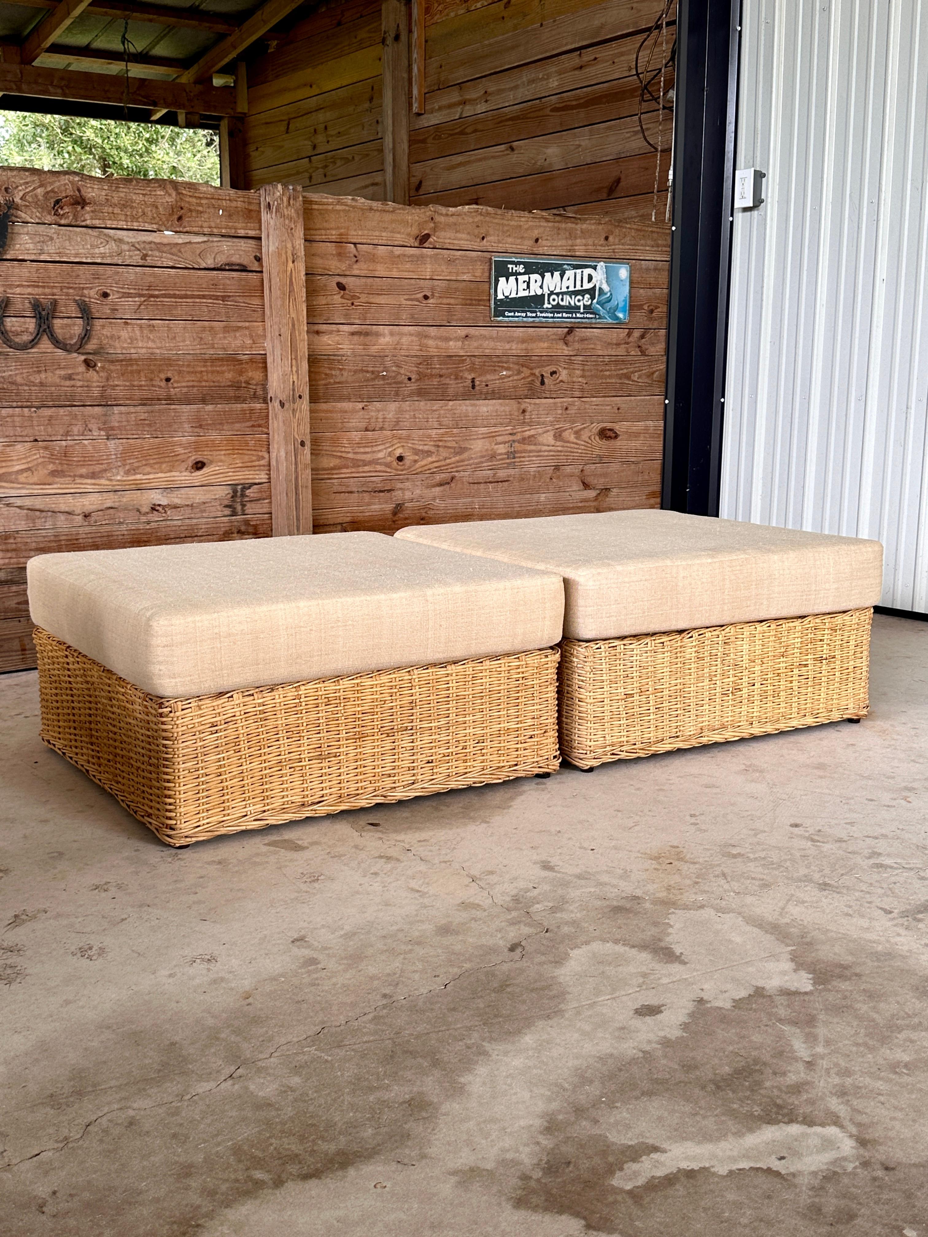 Monumental Organic Modern Rattan Weave Ottomans by Wicker Works 1