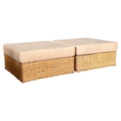 Monumental Organic Modern Rattan Weave Ottomans by Wicker Works