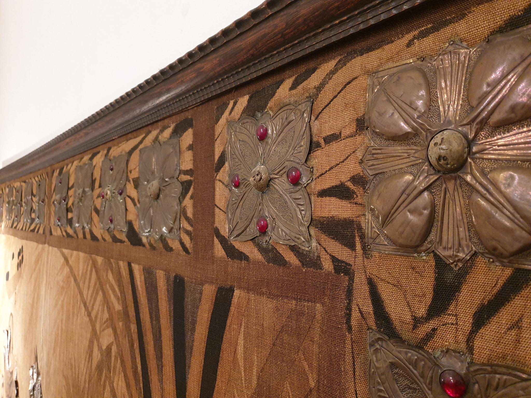 Monumental Orientalist Art Nouveau Wall Panel with Repoussé Copper Appliqué, c. For Sale 11