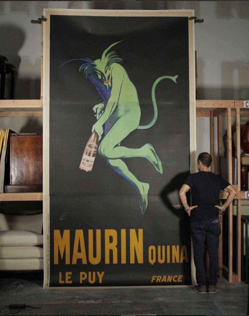Maurin Quian Le Puy France poster the largest size ever made. Originally made in three section as the manufacturing process could only make up to a certain size. This poster was professionally mounted on a sturdy linen canvas. This iconic poster
