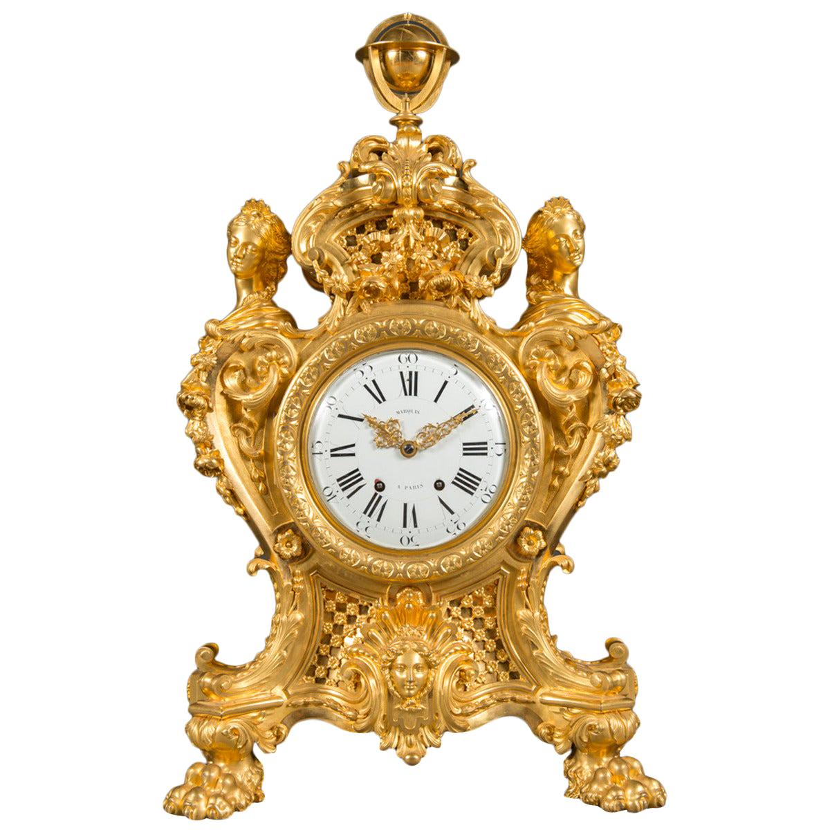 Monumental Ormolu Bronze Clock Mantel by Maison Marquis Movement by Languereau For Sale