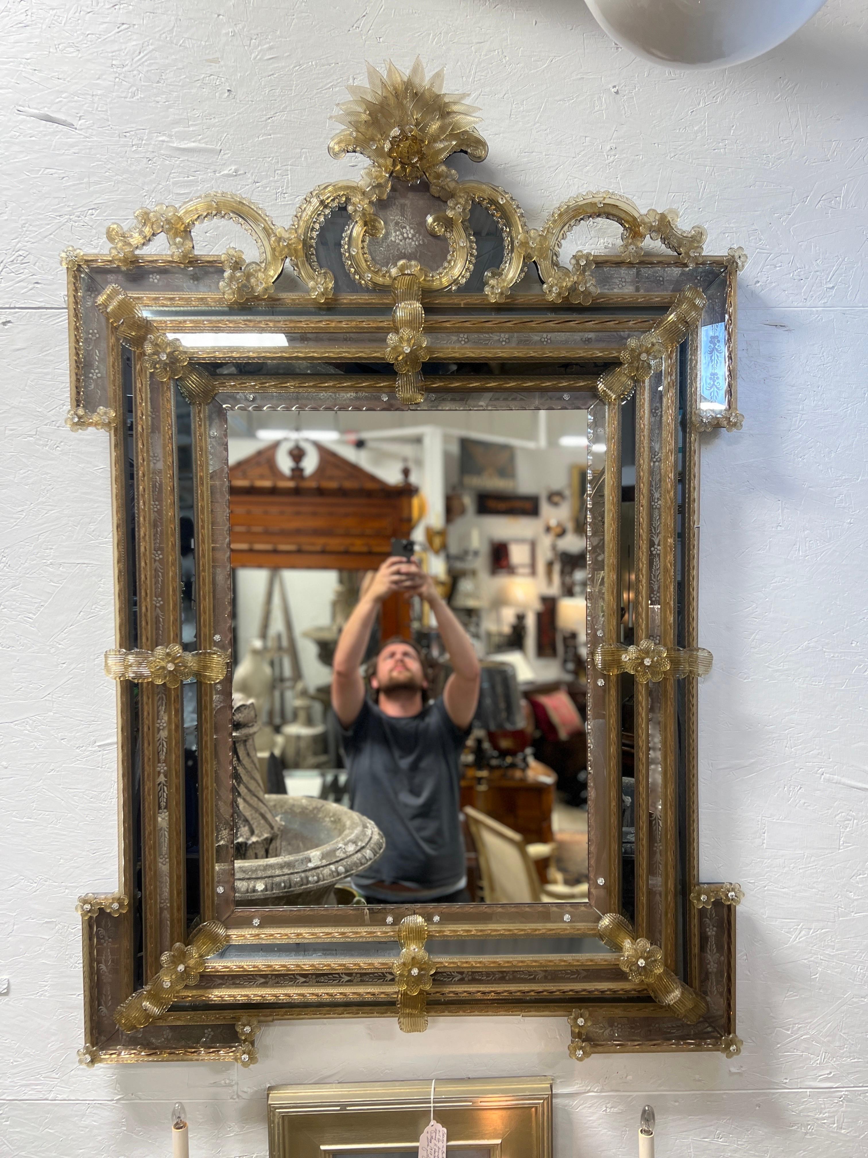 Baroque Monumental & Ornate Venetian Murano Gold Flecked Mirror W/ Etched Glass For Sale