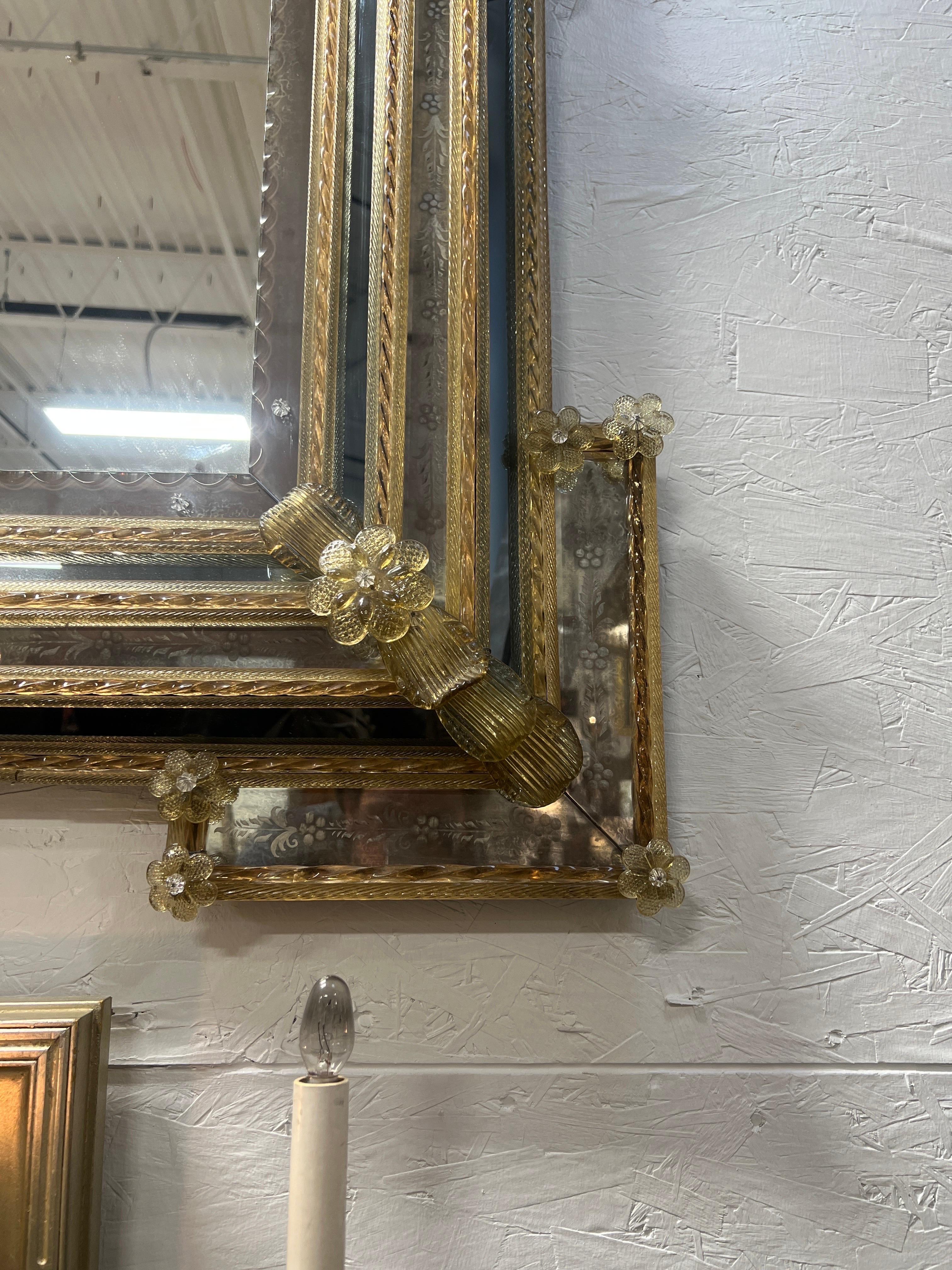Italian Monumental & Ornate Venetian Murano Gold Flecked Mirror W/ Etched Glass For Sale