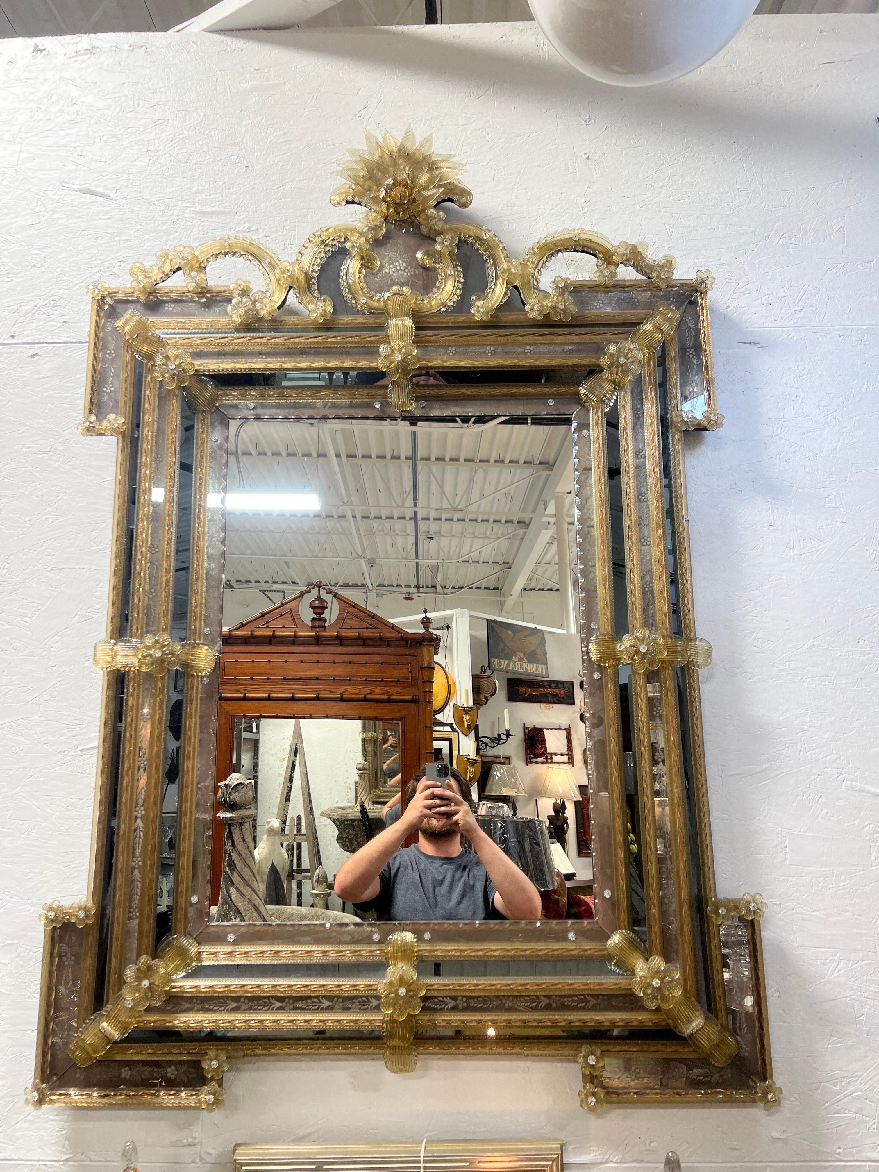 Monumental & Ornate Venetian Murano Gold Flecked Mirror W/ Etched Glass In Good Condition For Sale In Atlanta, GA