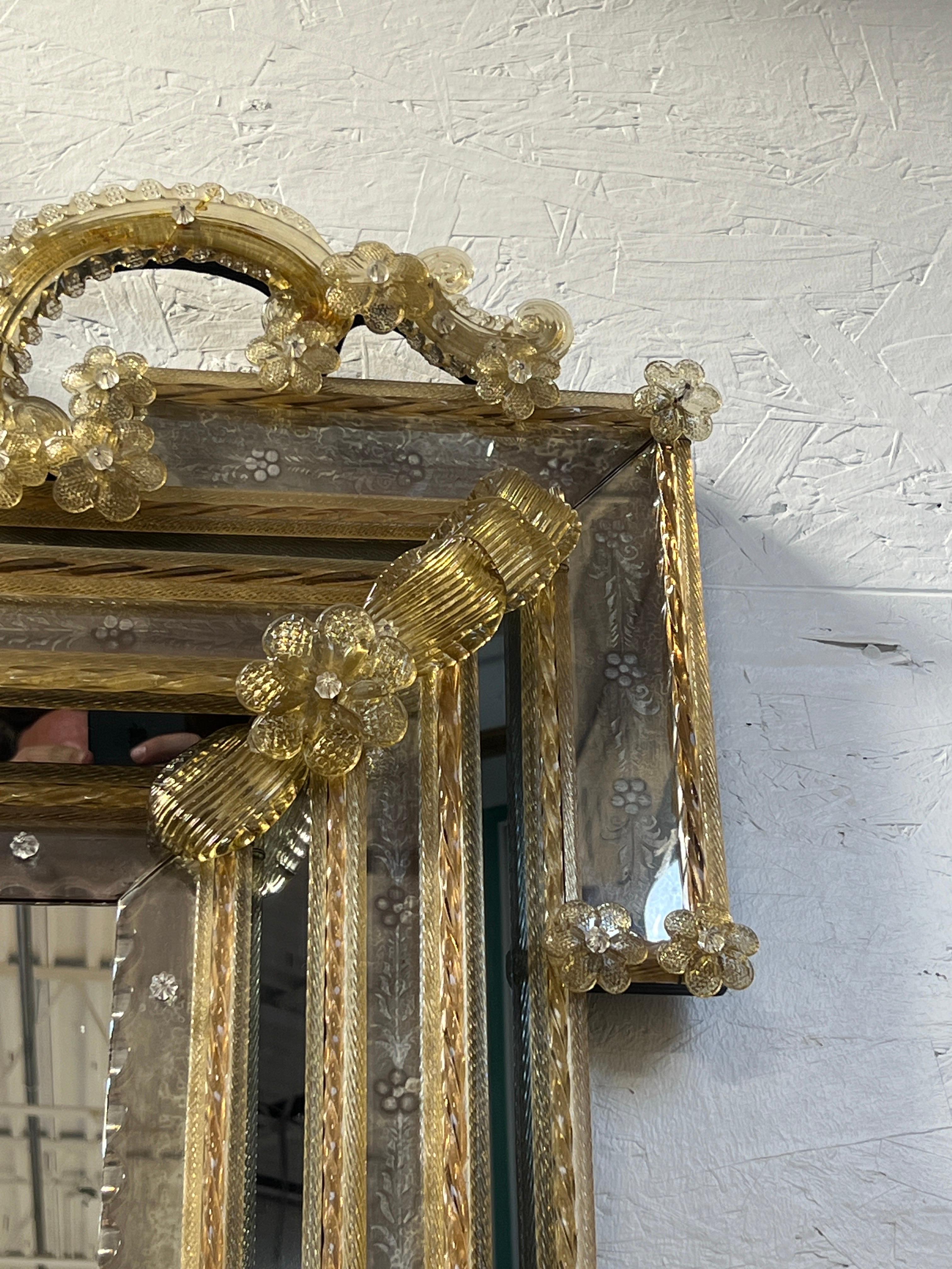 20th Century Monumental & Ornate Venetian Murano Gold Flecked Mirror W/ Etched Glass For Sale
