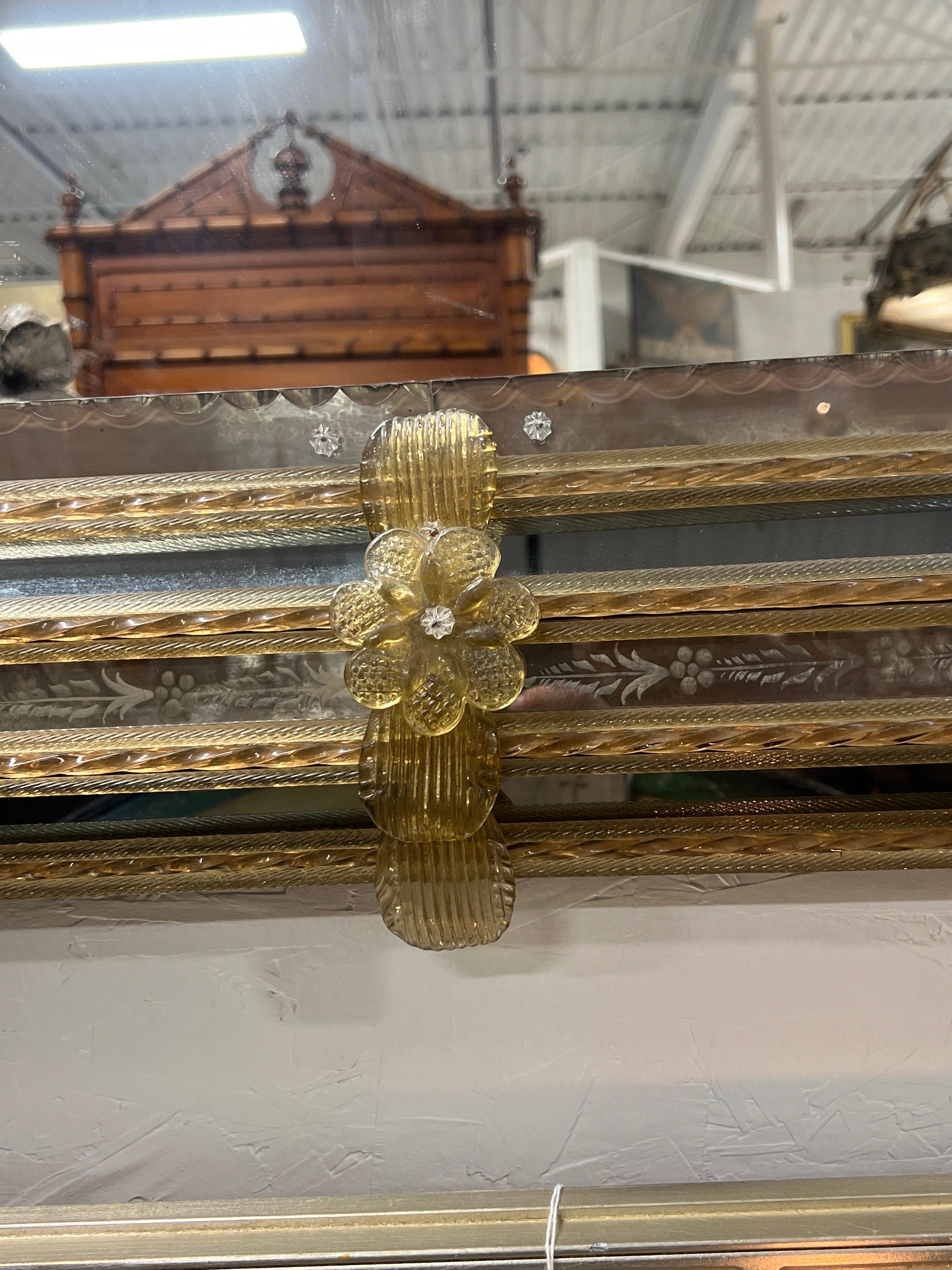 Murano Glass Monumental & Ornate Venetian Murano Gold Flecked Mirror W/ Etched Glass For Sale