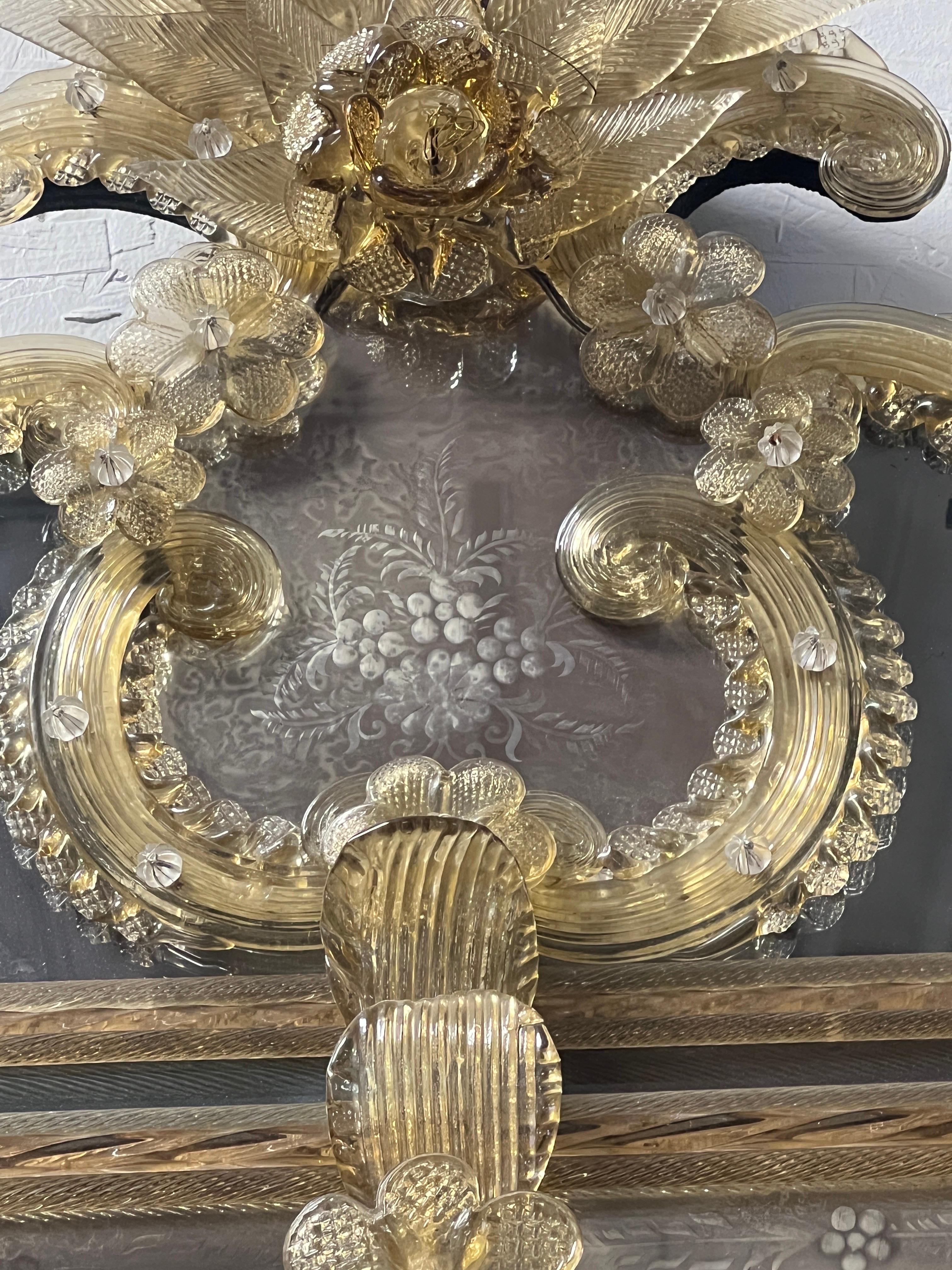 Monumental & Ornate Venetian Murano Gold Flecked Mirror W/ Etched Glass For Sale 1