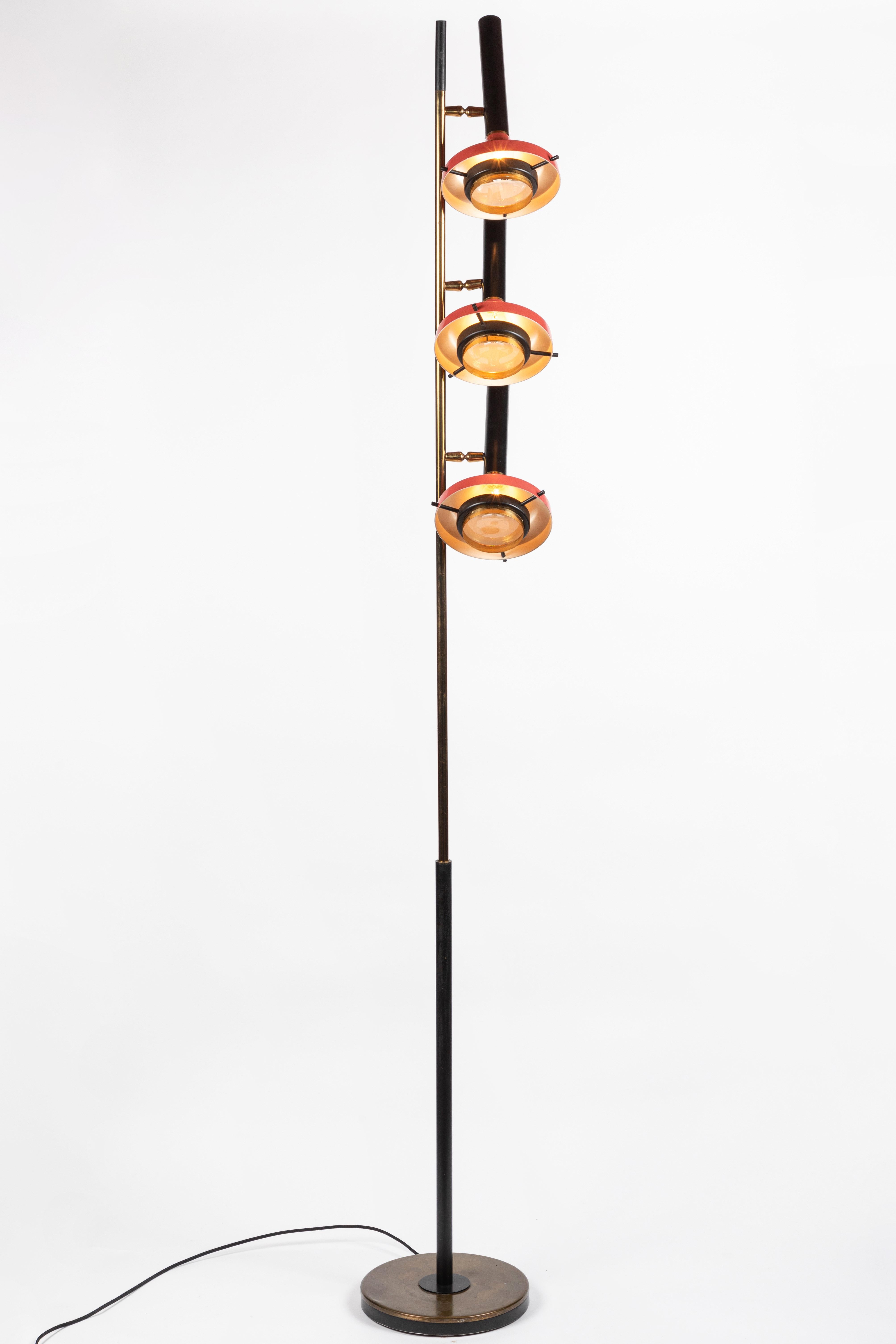 Painted Monumental Oscar Torlasco 3-Cone Floor Lamp for Lumi, circa 1958