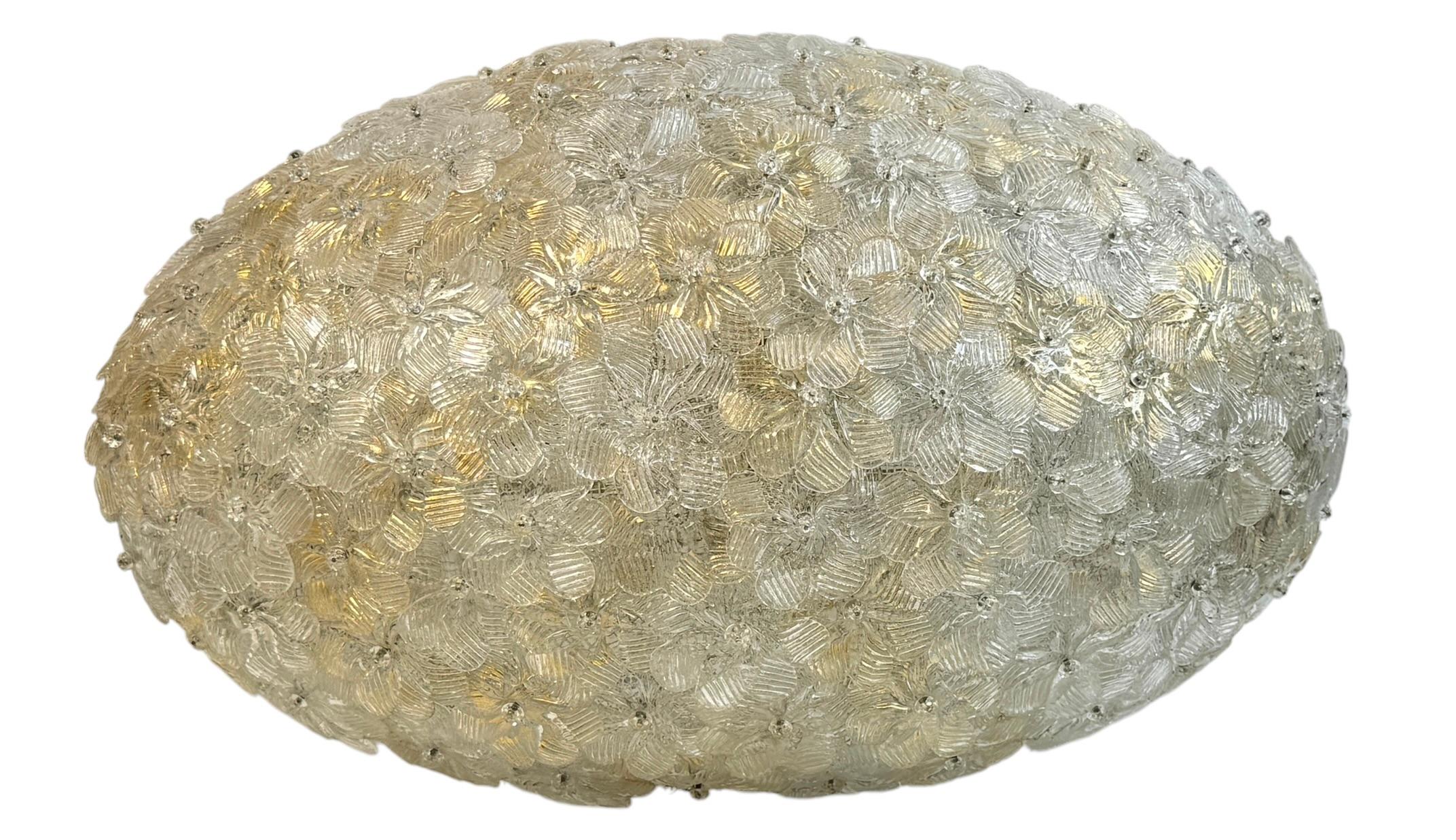 Modern Monumental Oval Barovier Toso Flush Mount Murano Glass Gold Flowers Basket 1950s