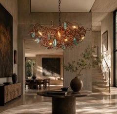 Monumental Oval Brutalist Sculptural Chandelier in Oxidized Steel and Glass