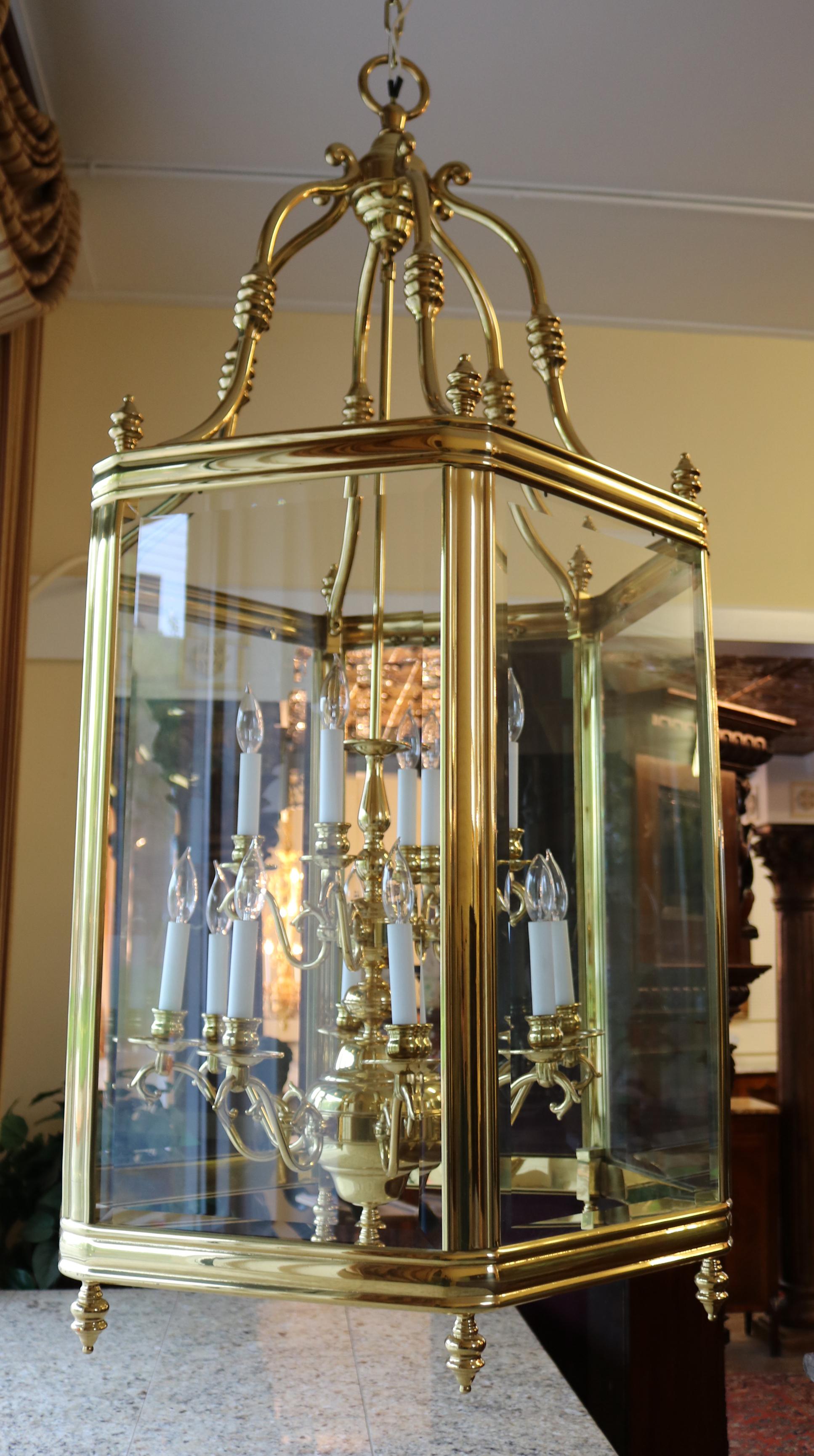 Monumental Over 4 FT Tall 12 Light Brass & Glass Chandelier Lantern 4