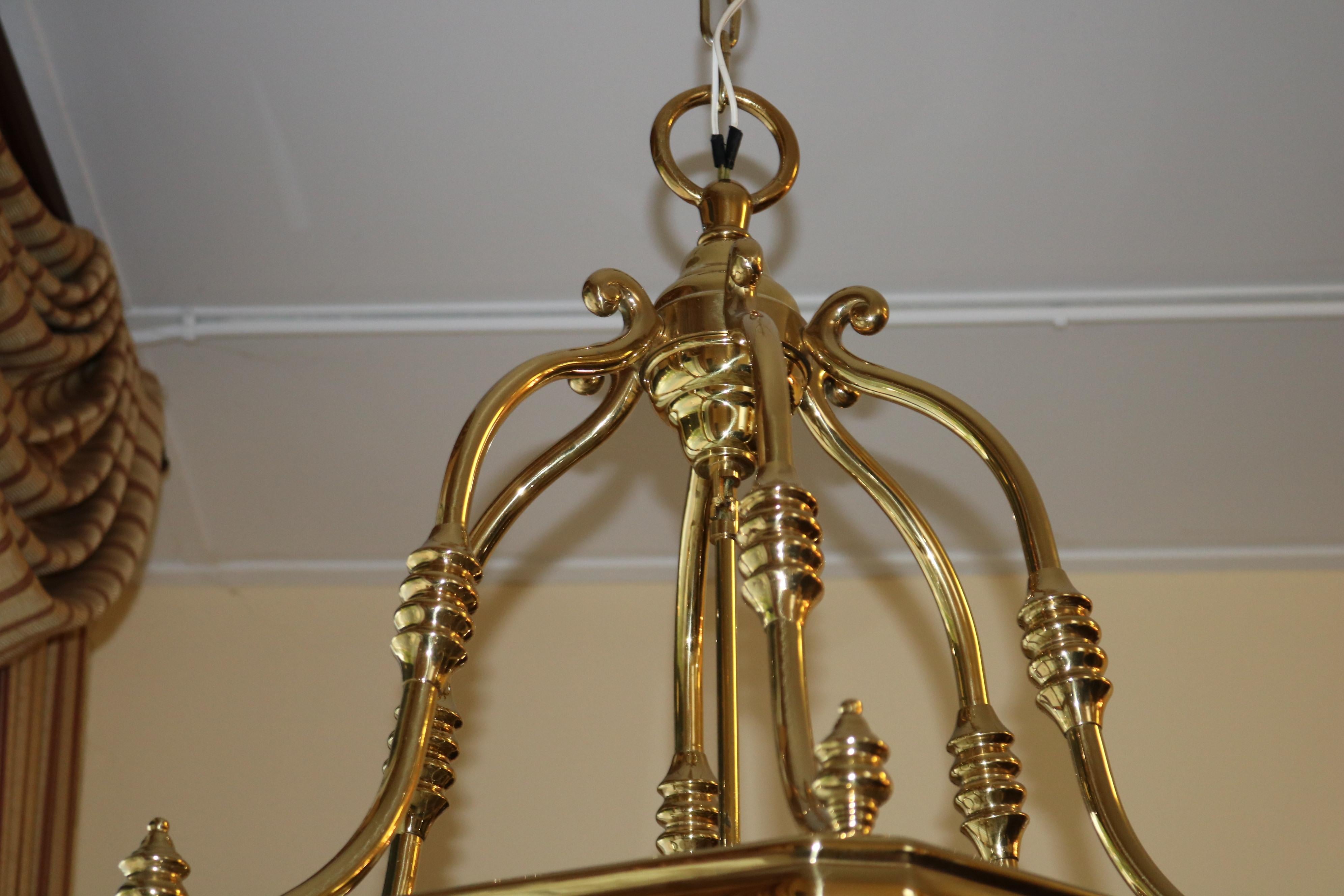 Monumental Over 4 FT Tall 12 Light Brass & Glass Chandelier Lantern For Sale 5