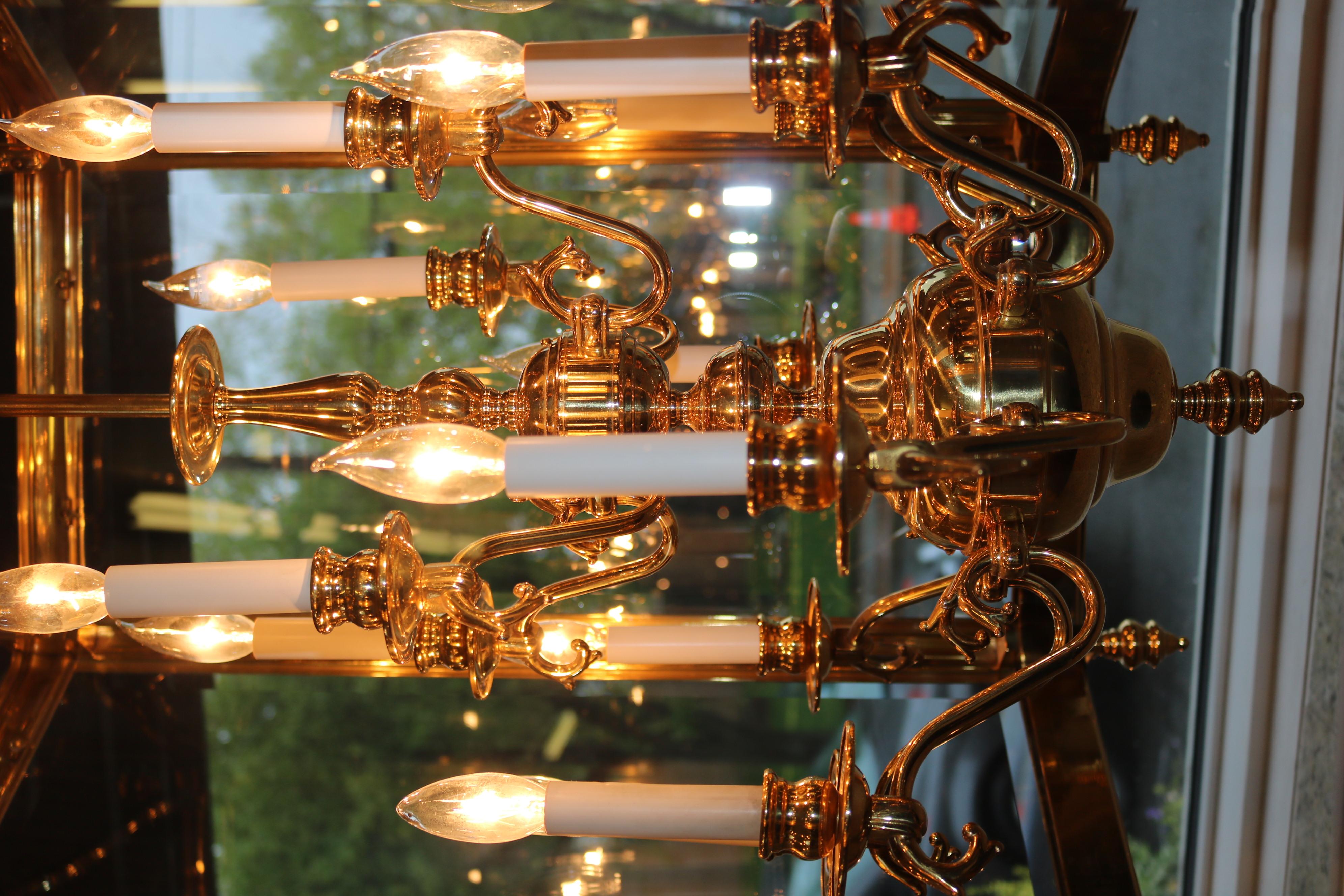 Monumental Over 4 FT Tall 12 Light Brass & Glass Chandelier Lantern For Sale 7