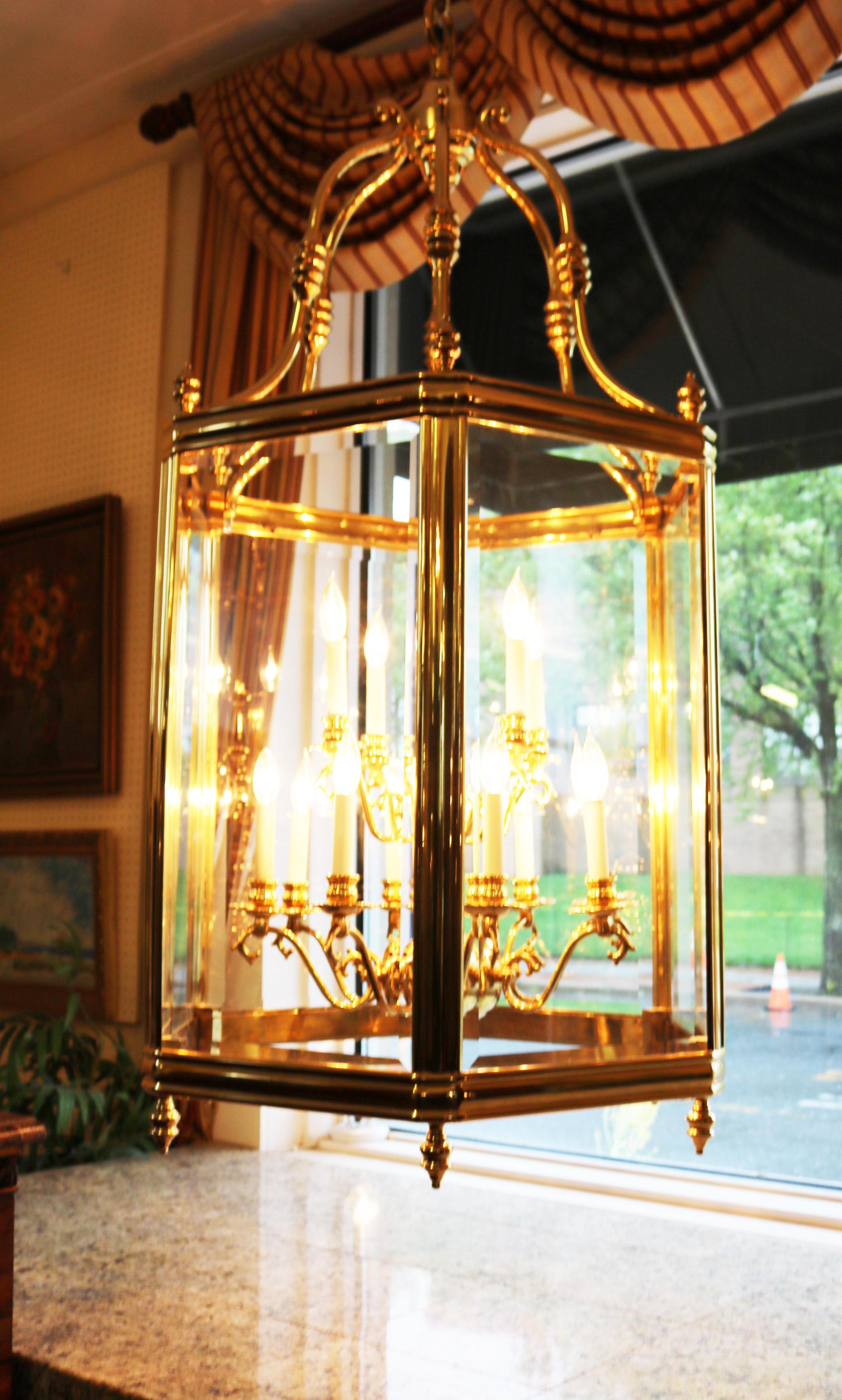 Federal Monumental Over 4 FT Tall 12 Light Brass & Glass Chandelier Lantern For Sale