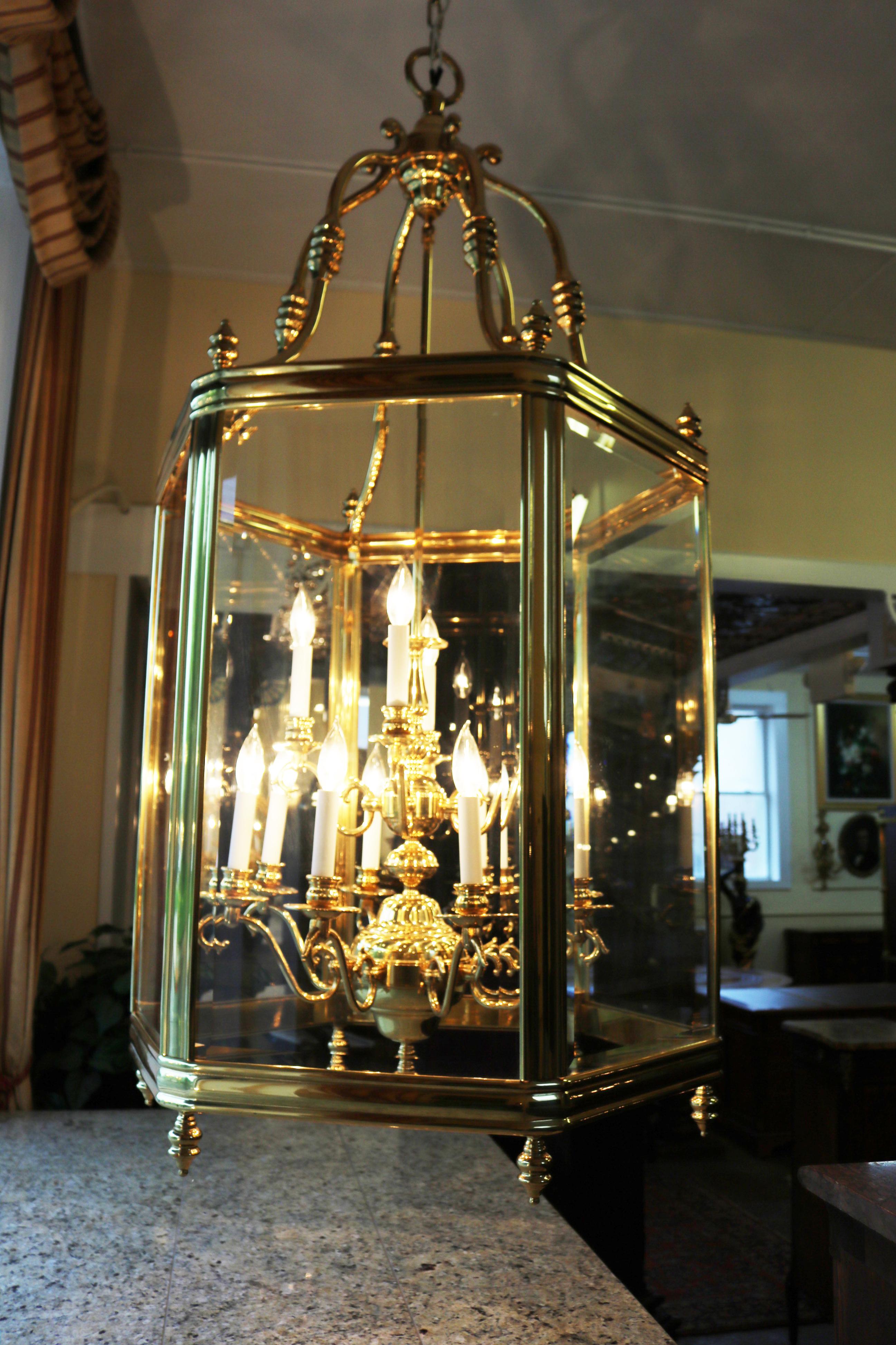 American Monumental Over 4 FT Tall 12 Light Brass & Glass Chandelier Lantern For Sale