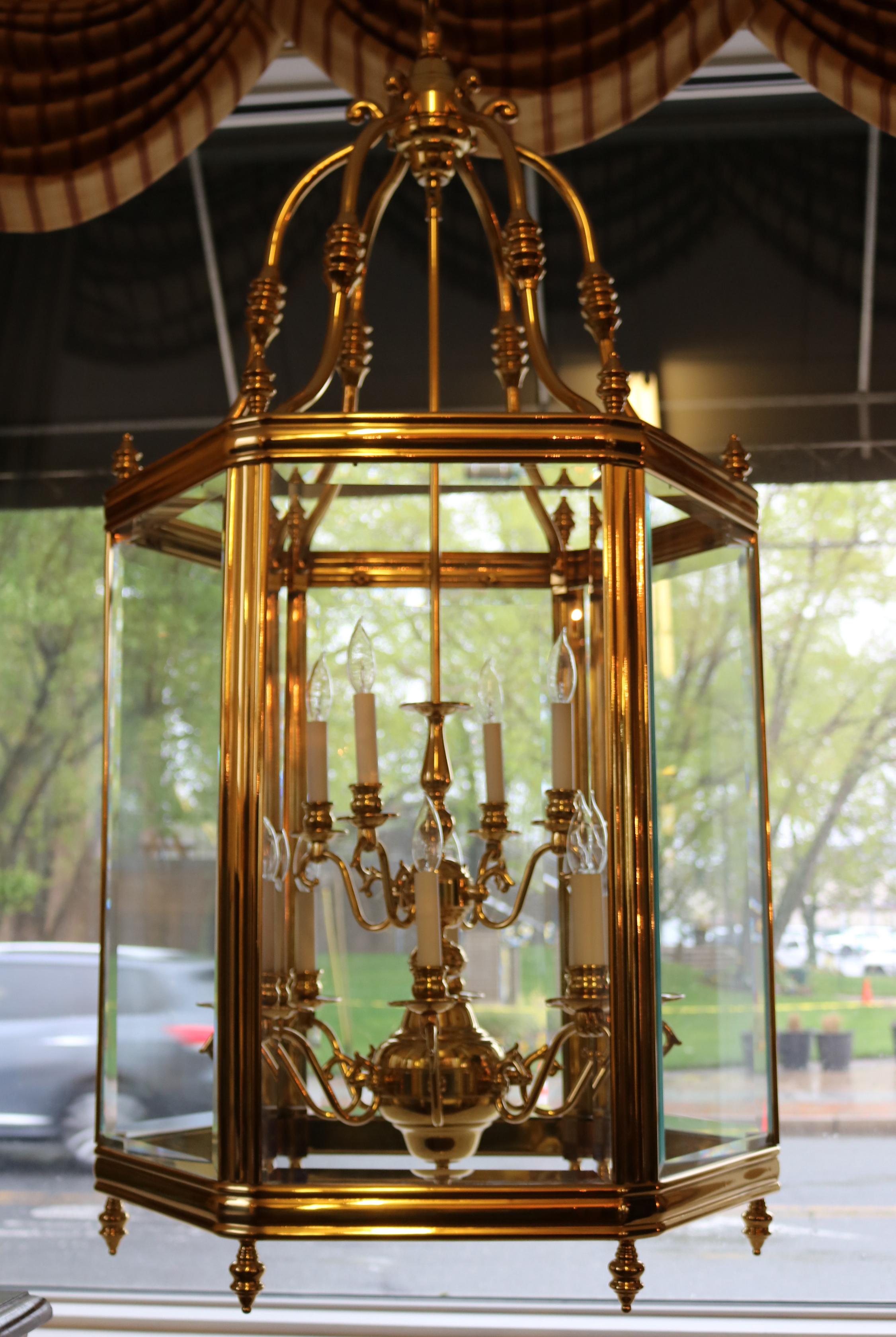 Monumental Over 4 FT Tall 12 Light Brass & Glass Chandelier Lantern In Good Condition For Sale In Long Branch, NJ