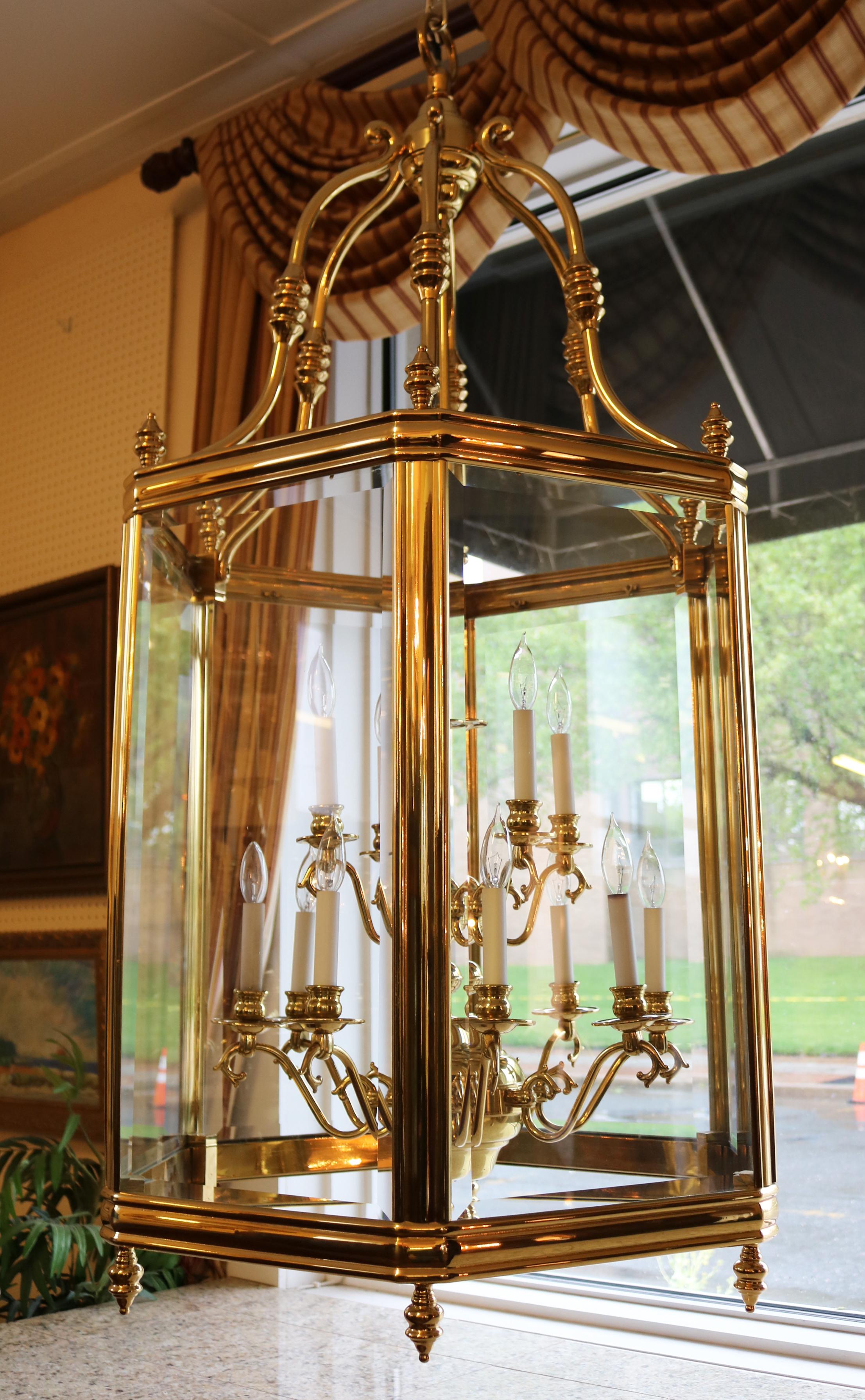 20th Century Monumental Over 4 FT Tall 12 Light Brass & Glass Chandelier Lantern For Sale