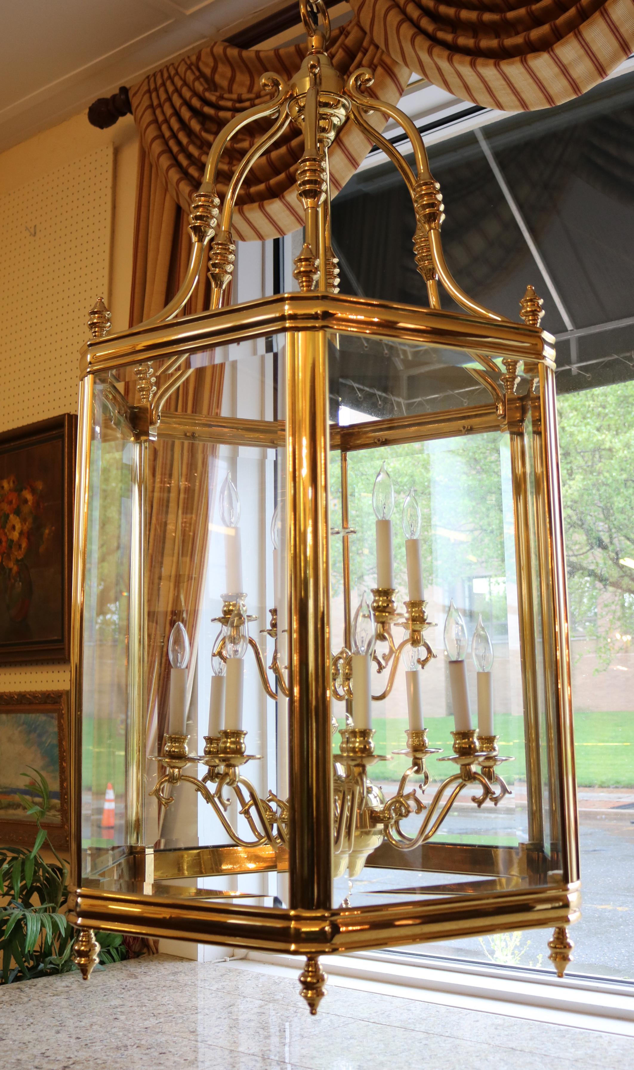Monumental Over 4 FT Tall 12 Light Brass & Glass Chandelier Lantern 1