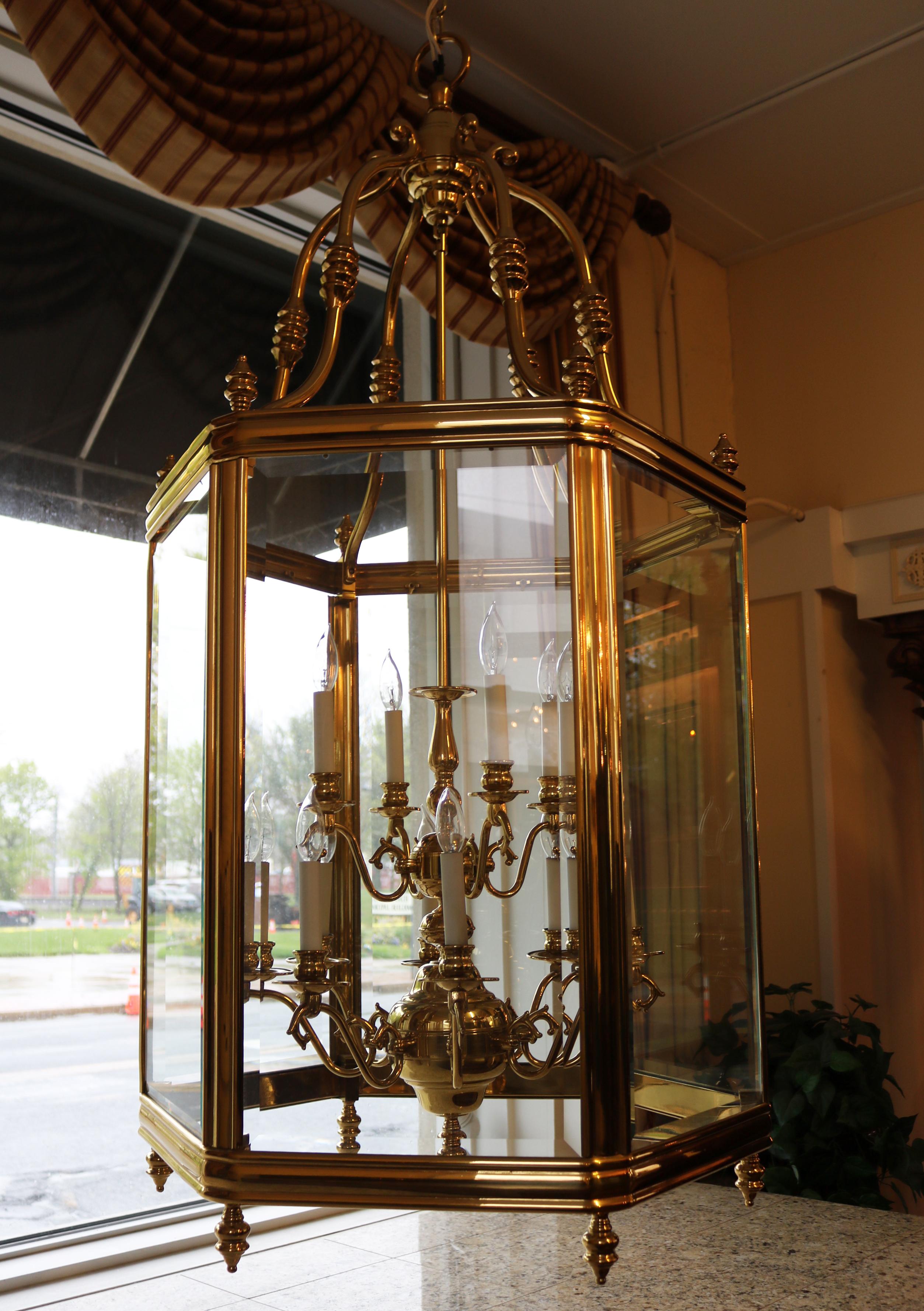 Monumental Over 4 FT Tall 12 Light Brass & Glass Chandelier Lantern 2
