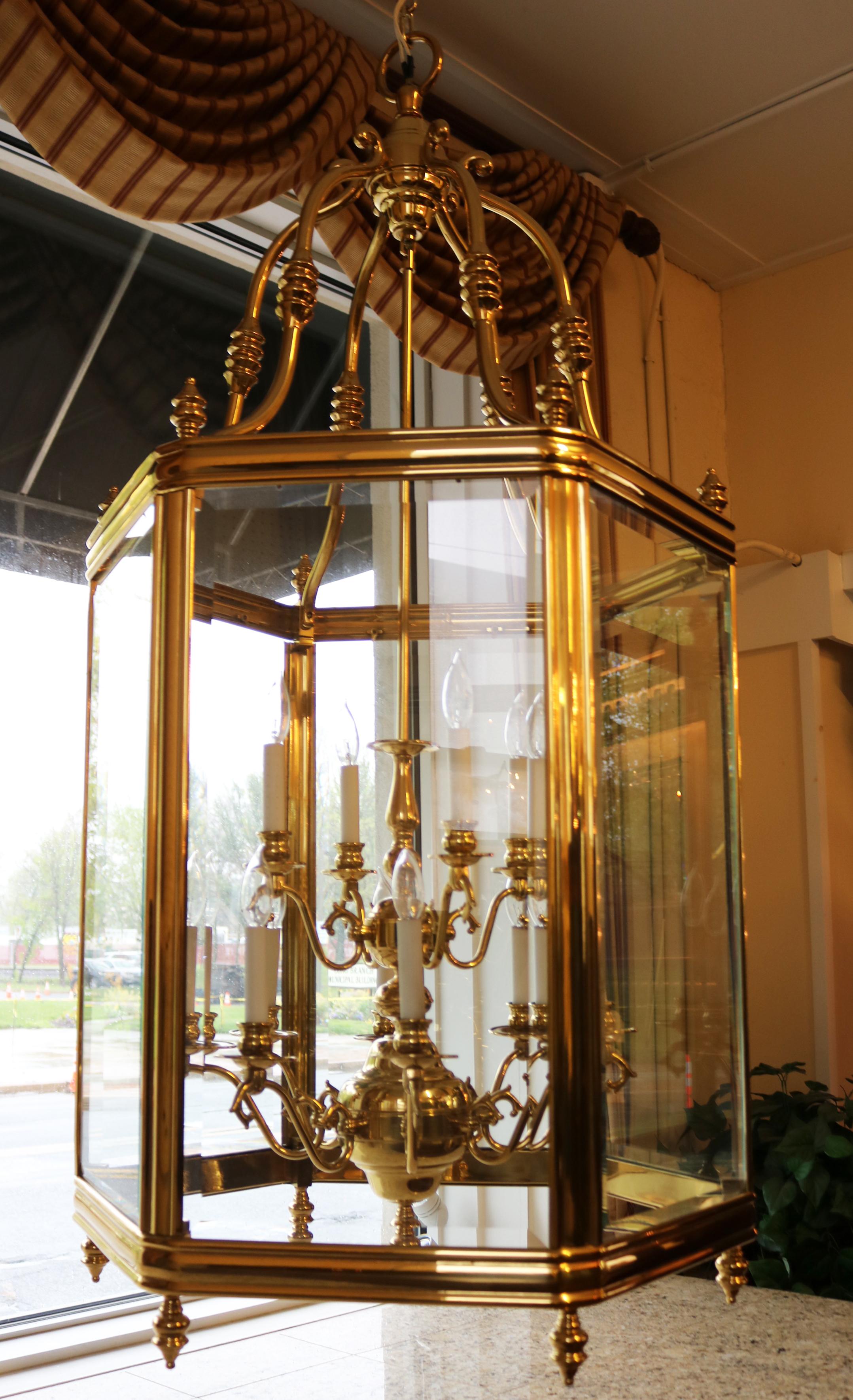 Monumental Over 4 FT Tall 12 Light Brass & Glass Chandelier Lantern For Sale 3