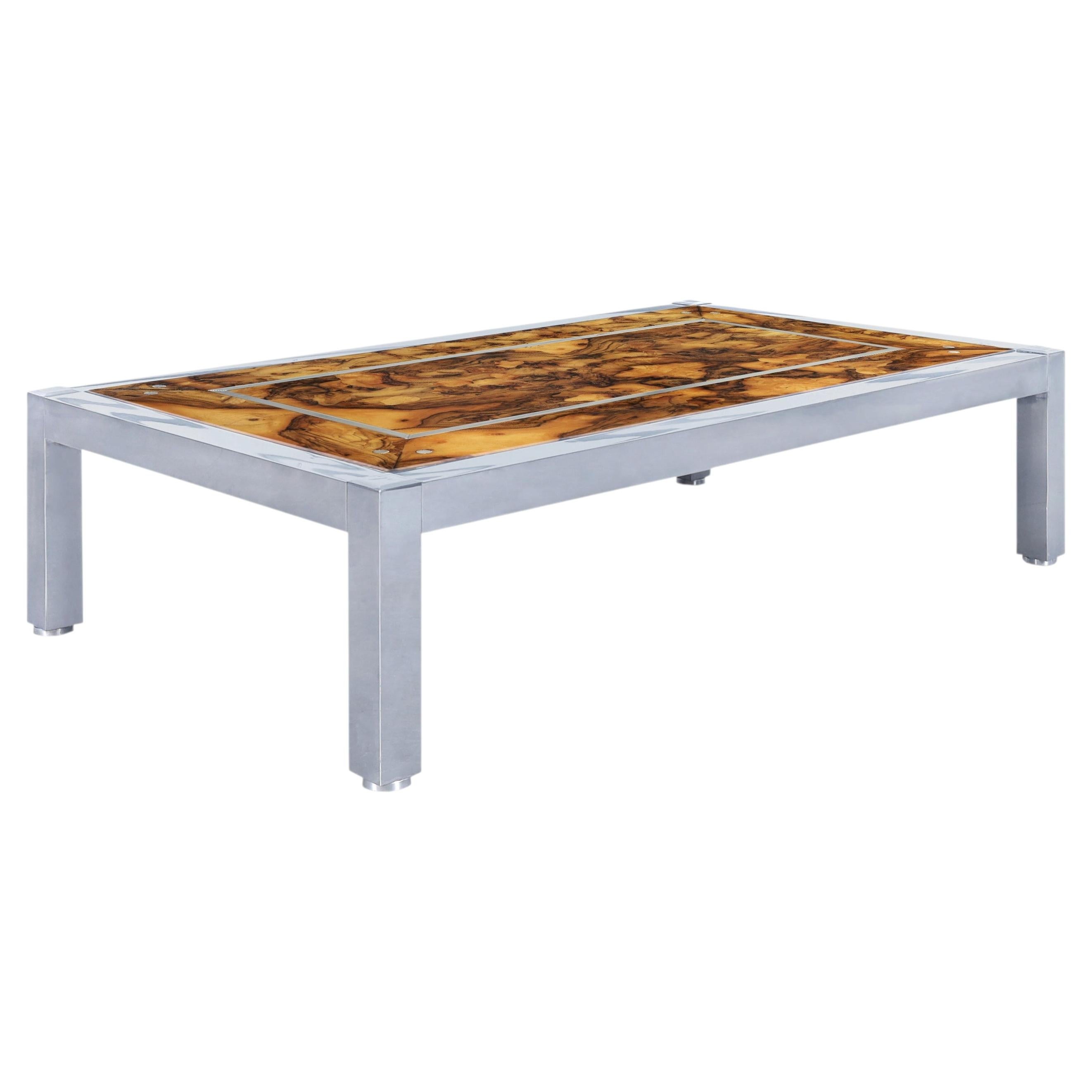 Monumental Oyster Burl Wood and Aluminum Coffee Table, 1970s For Sale
