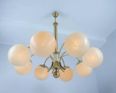 Monumental Paavo Tynell Art Deco Brass & Opaline Glass Chandelier, Taito 1930s