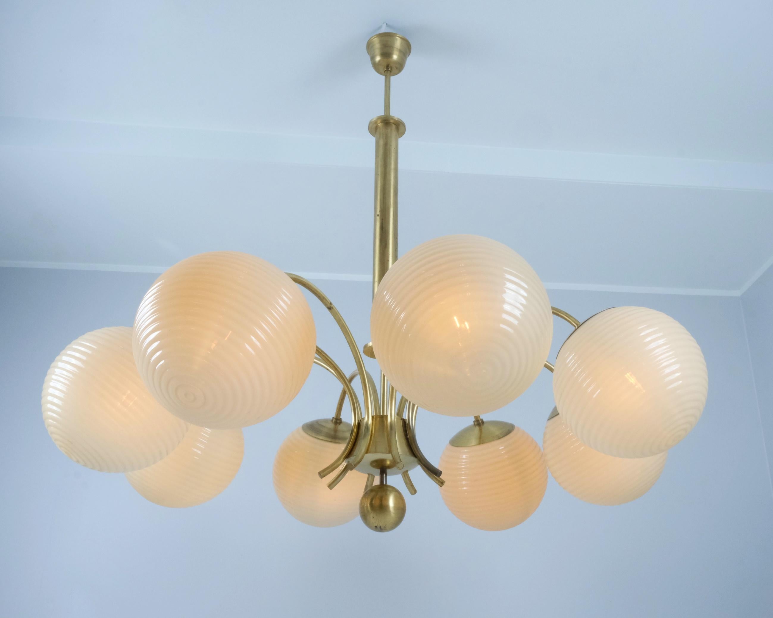 Monumental Paavo Tynell Art Deco Brass & Opaline Glass Chandelier, Taito 1930s For Sale 5