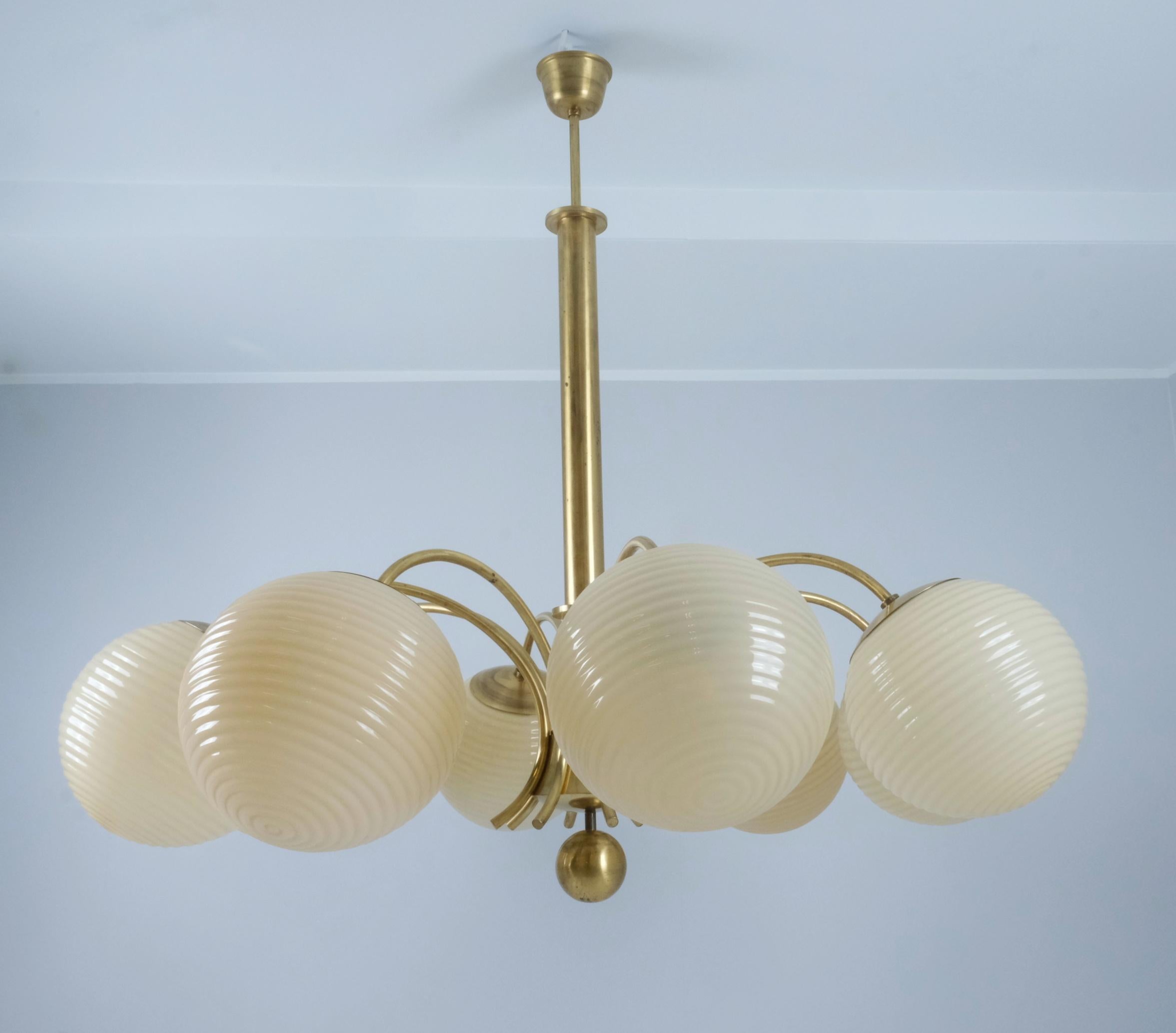 Finnish Monumental Paavo Tynell Art Deco Brass & Opaline Glass Chandelier, Taito 1930s For Sale