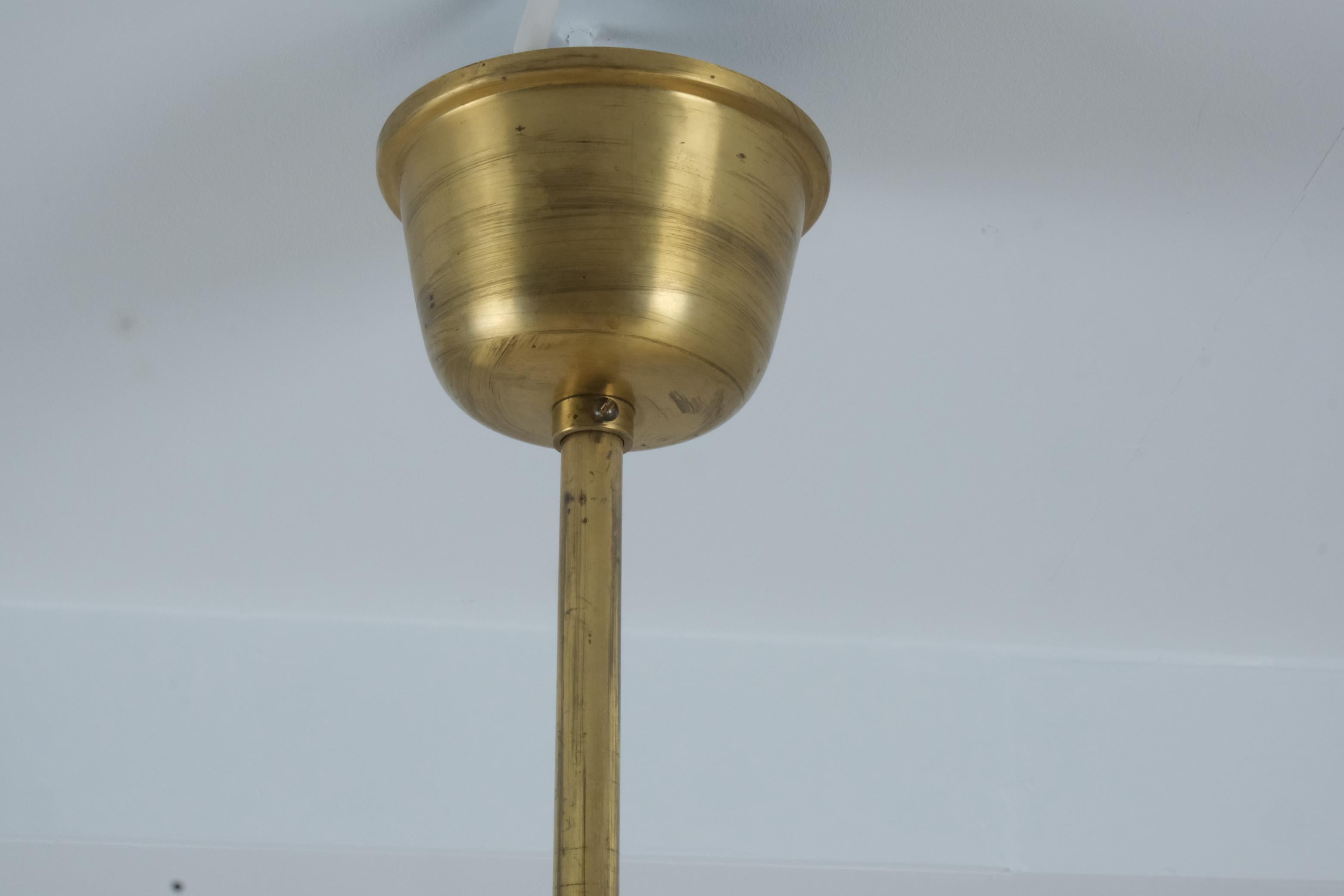Metal Monumental Paavo Tynell Art Deco Brass & Opaline Glass Chandelier, Taito 1930s For Sale