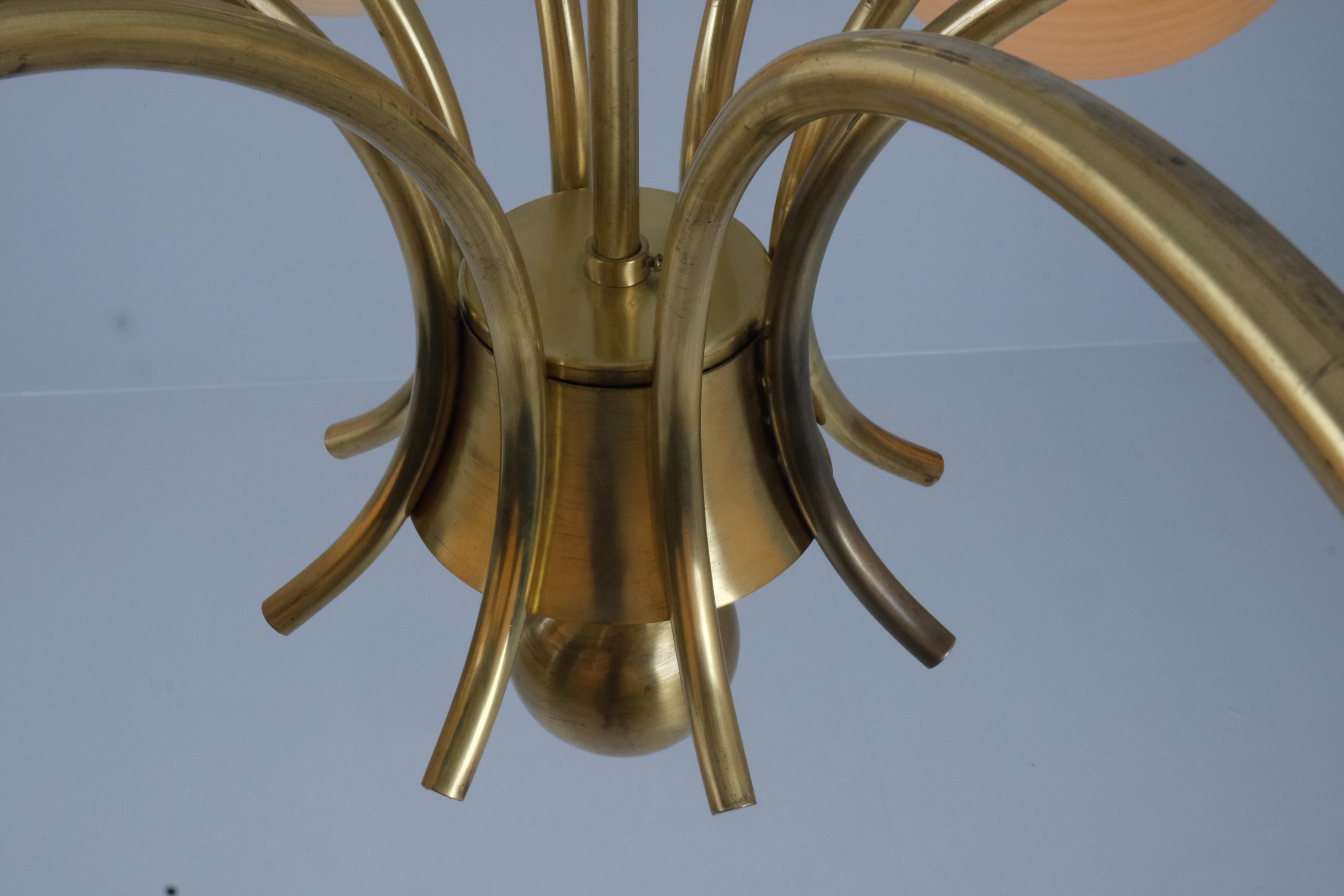 Monumental Paavo Tynell Art Deco Brass & Opaline Glass Chandelier, Taito 1930s For Sale 2