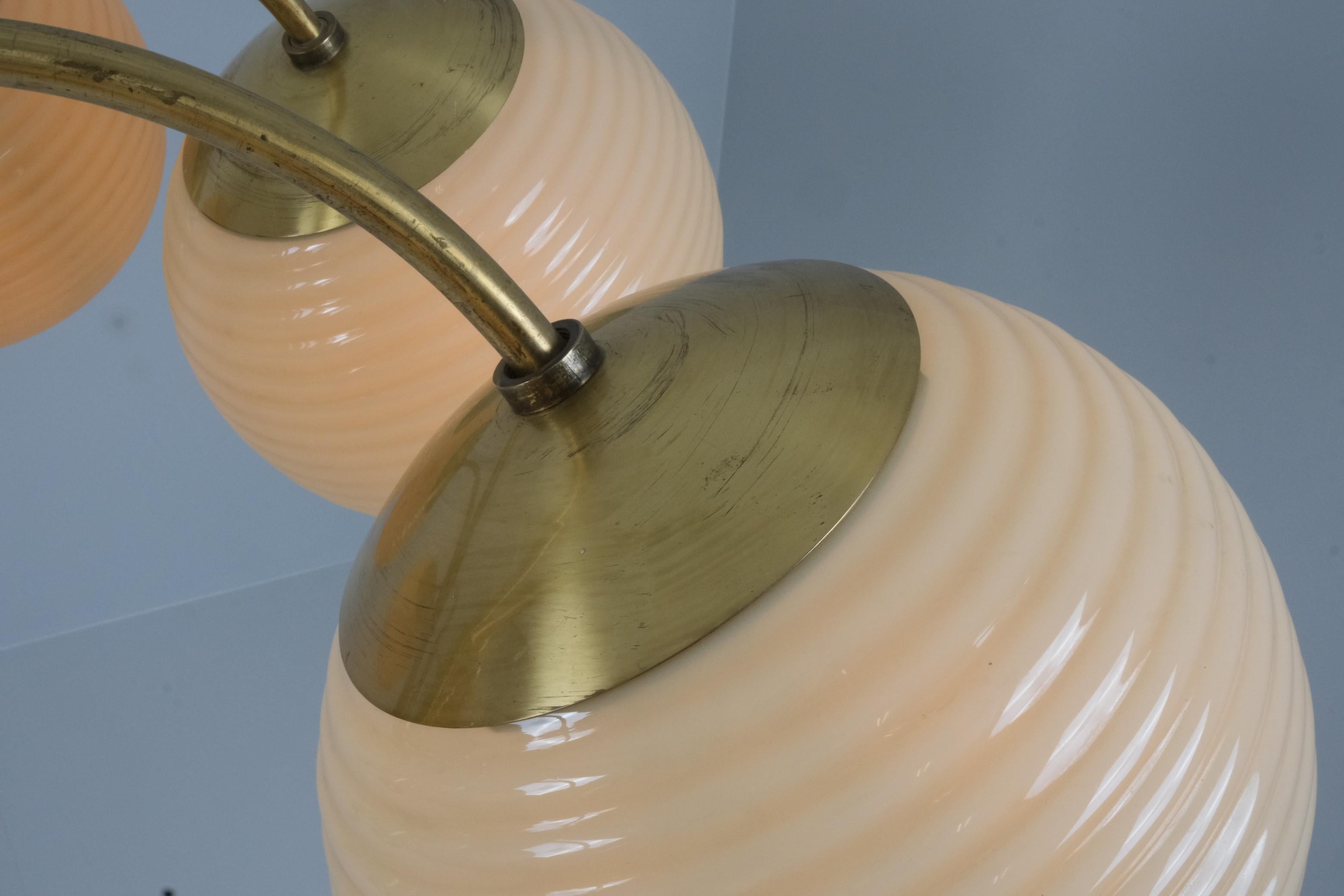 Monumental Paavo Tynell Art Deco Brass & Opaline Glass Chandelier, Taito 1930s For Sale 3