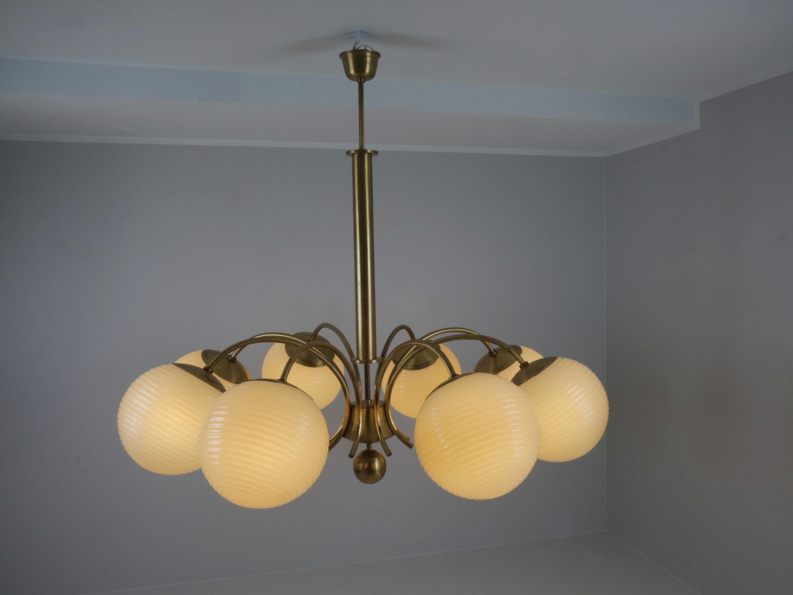 Finnish Monumental Paavo Tynell Art Deco Brass & Opaline Lighting Fixture, Taito 1930s For Sale