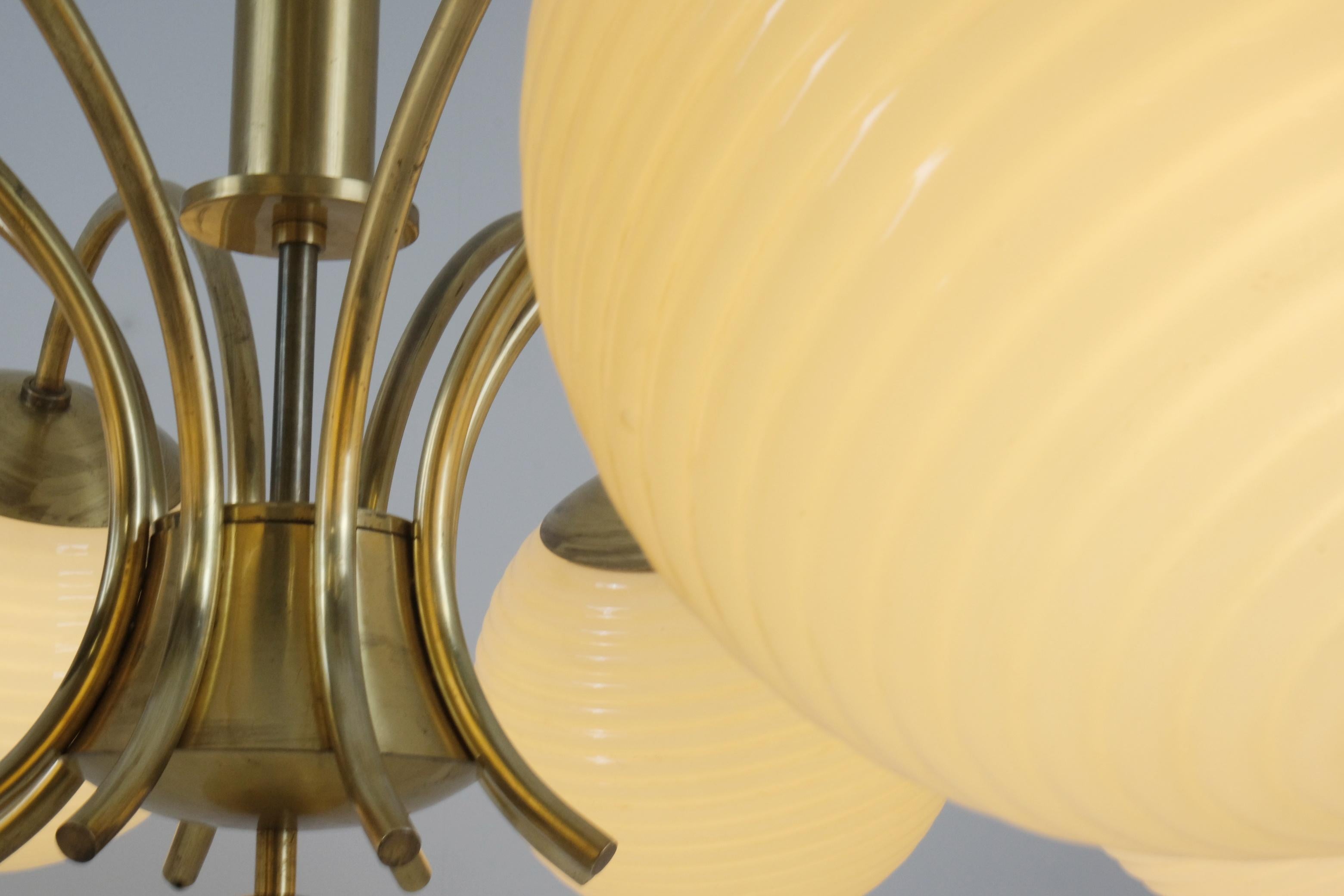 Mid-20th Century Monumental Paavo Tynell Art Deco Brass & Opaline Lighting Fixture, Taito 1930s For Sale