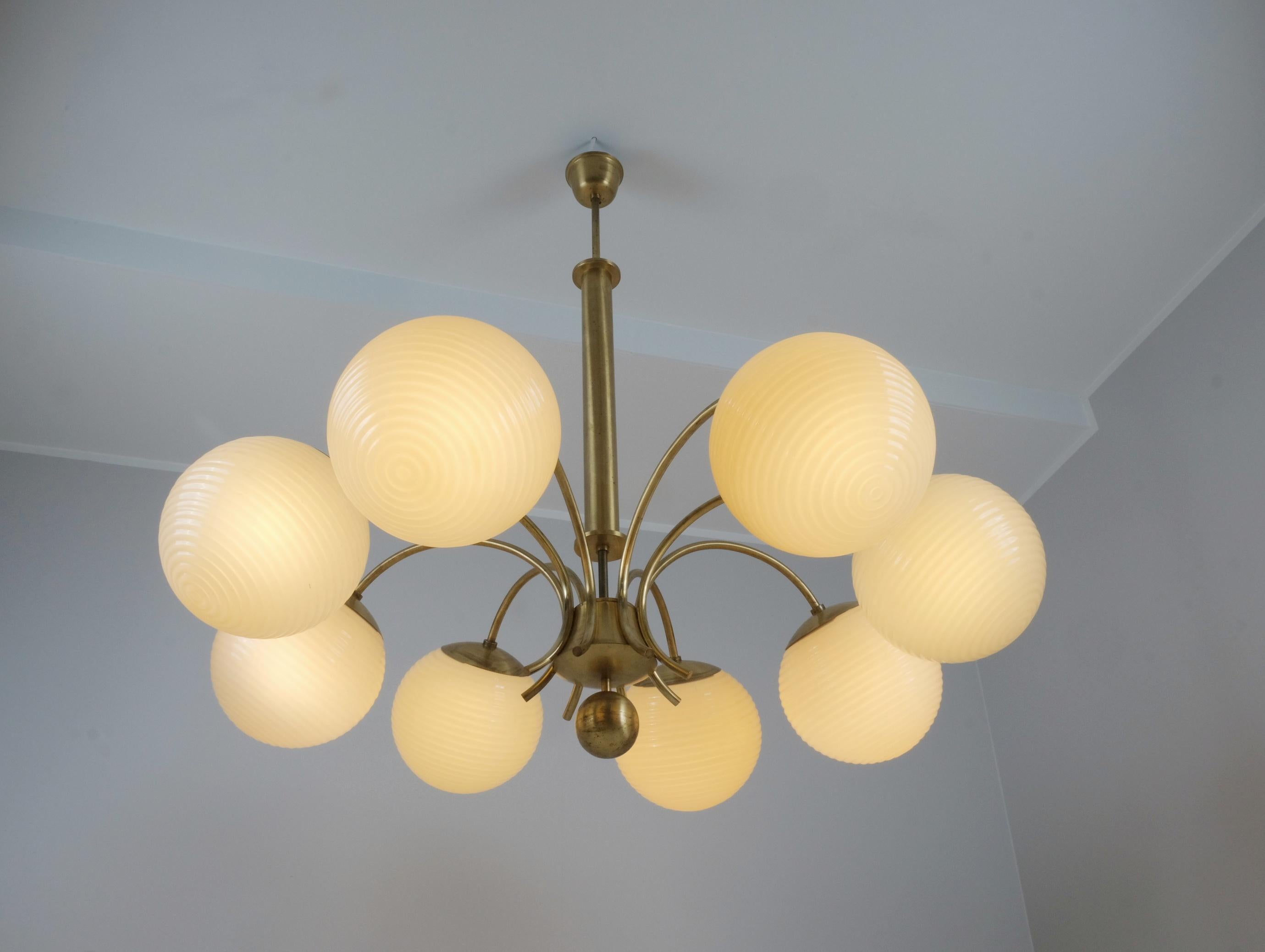 Monumental Paavo Tynell Art Deco Brass & Opaline Lighting Fixture, Taito 1930s For Sale 4