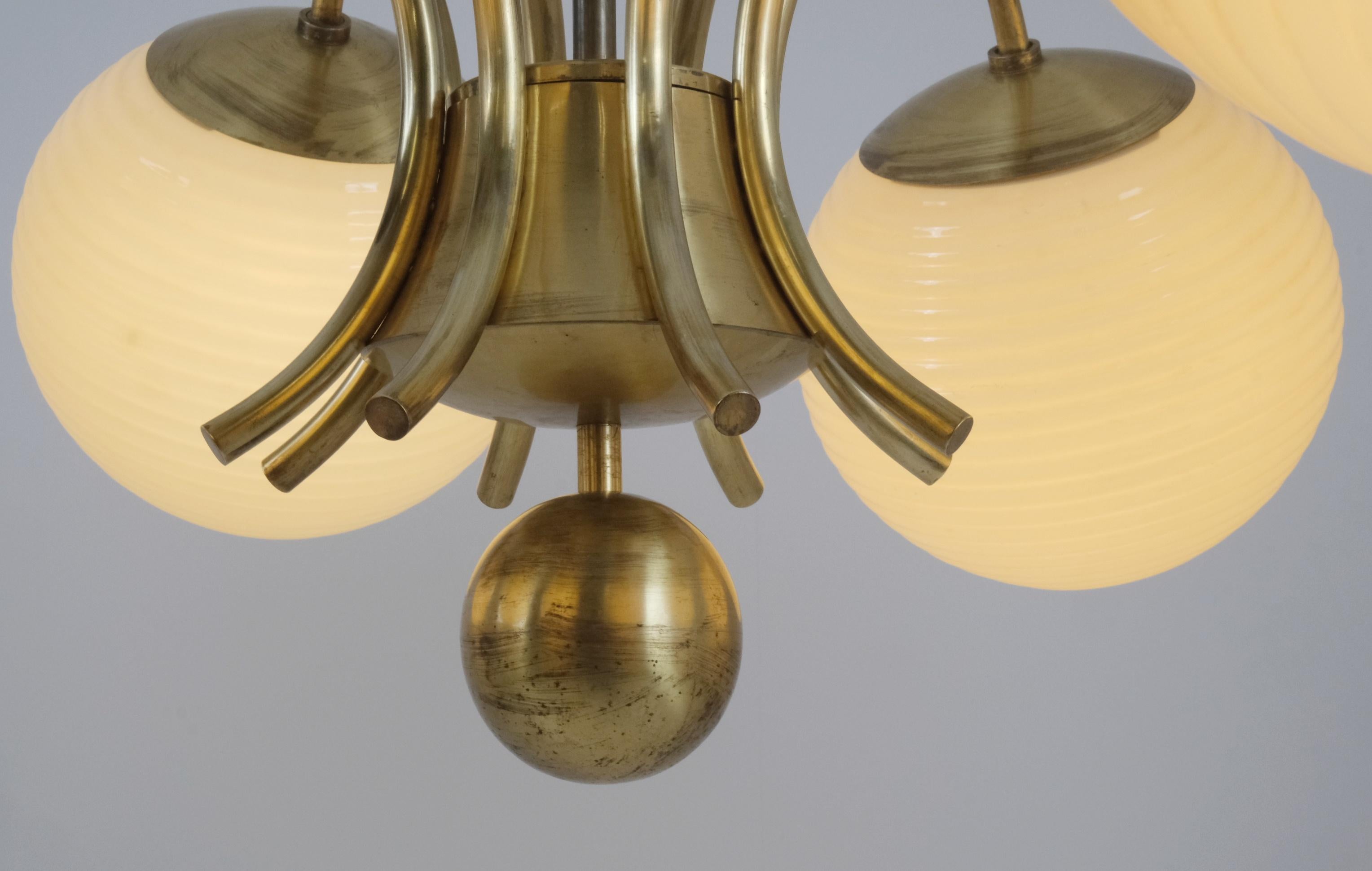Monumental Paavo Tynell Art Deco Brass & Opaline Lighting Fixture, Taito 1930s In Good Condition For Sale In Helsinki, FI