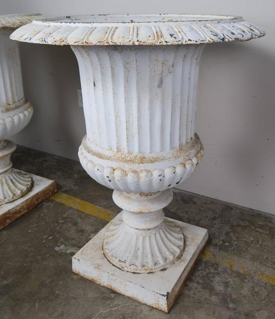 Neoclassical Monumental Painted Cast Iron Planters, Pair For Sale